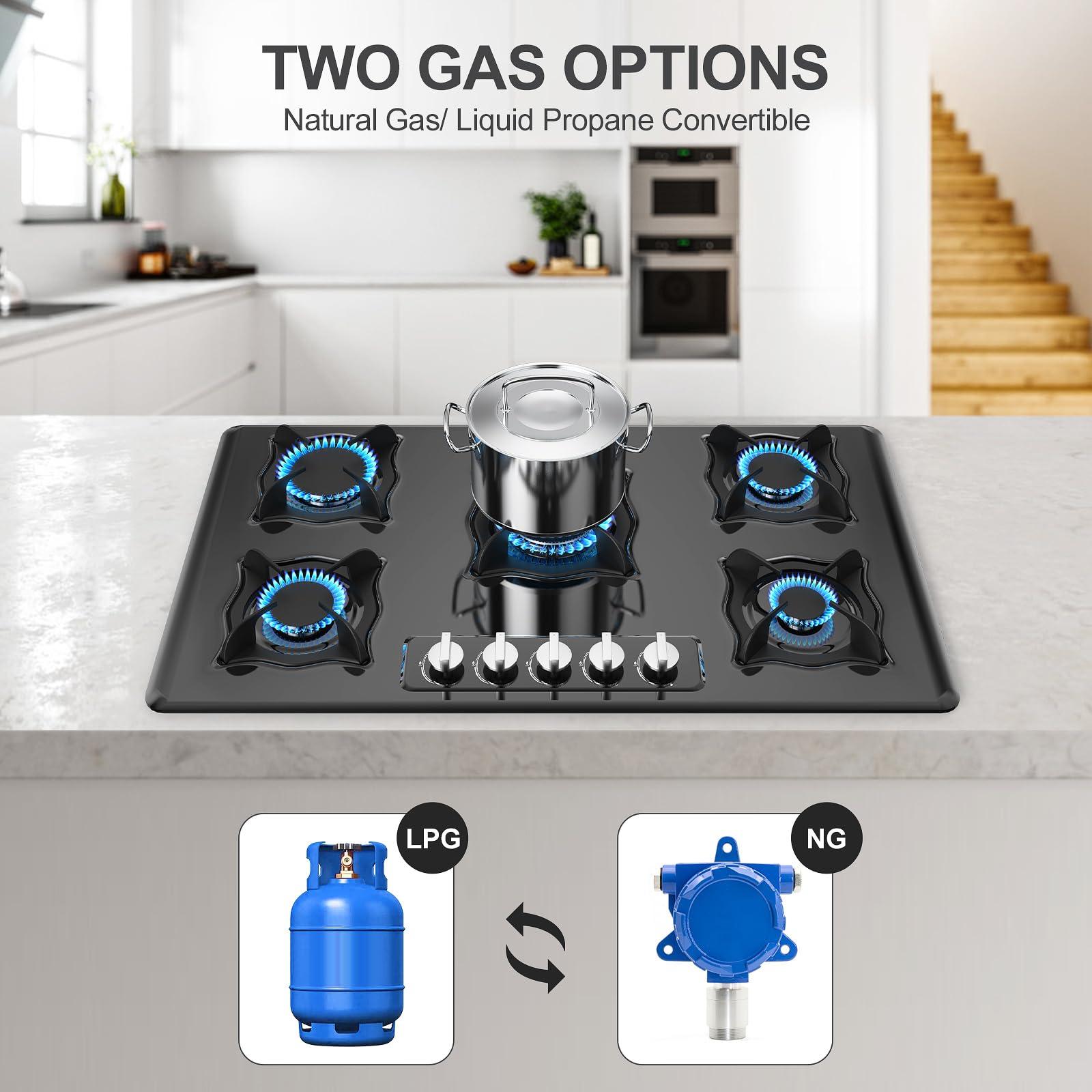 VBGK 36 Inch 5 Burner Built-in Propane Gas Cooktop Tempered Glass Panel Easy Clean Gas Stove Top for Kitchen Use
