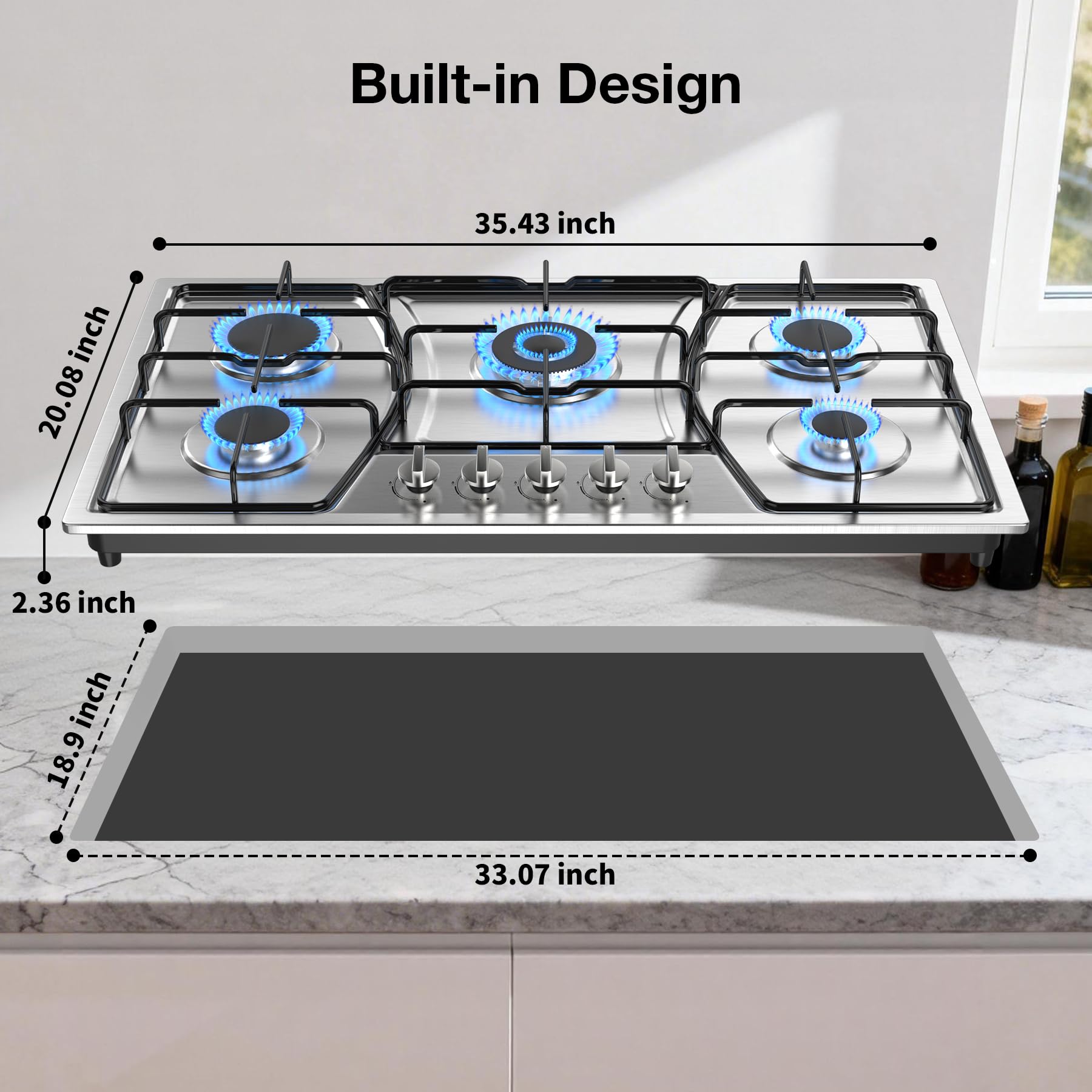 VBGK Gas Cooktop, Gas Stove Top with 5 High Efficiency Burners, Built-in Stainless Steel Propane Cooktop