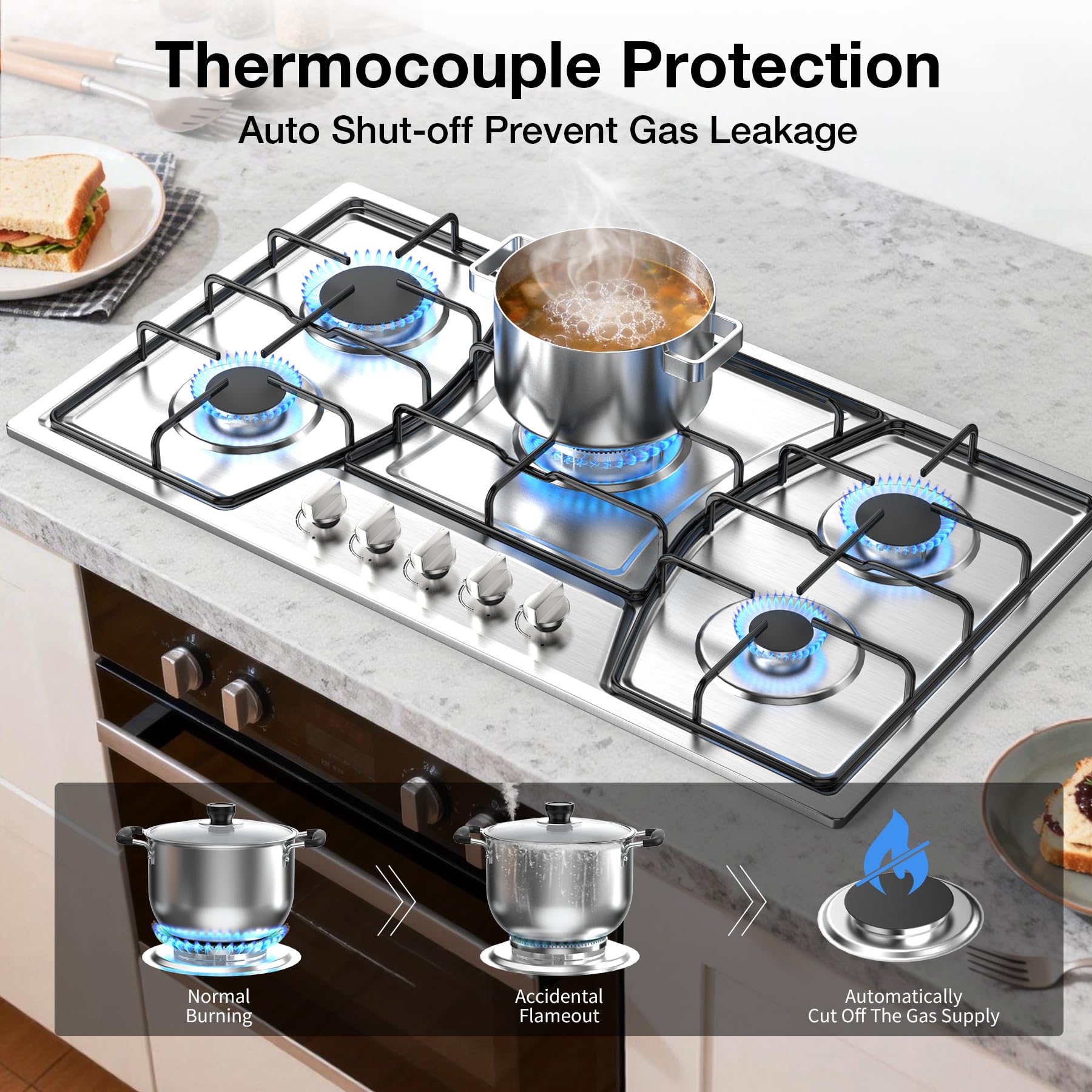 VBGK Gas Cooktop, Gas Stove Top with 5 High Efficiency Burners, Built-in Stainless Steel Propane Cooktop