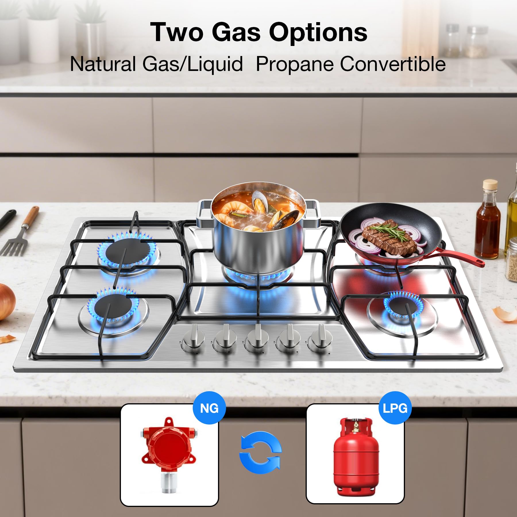 VBGK Gas Cooktop, Gas Stove Top with 5 High Efficiency Burners, Built-in Stainless Steel Propane Cooktop