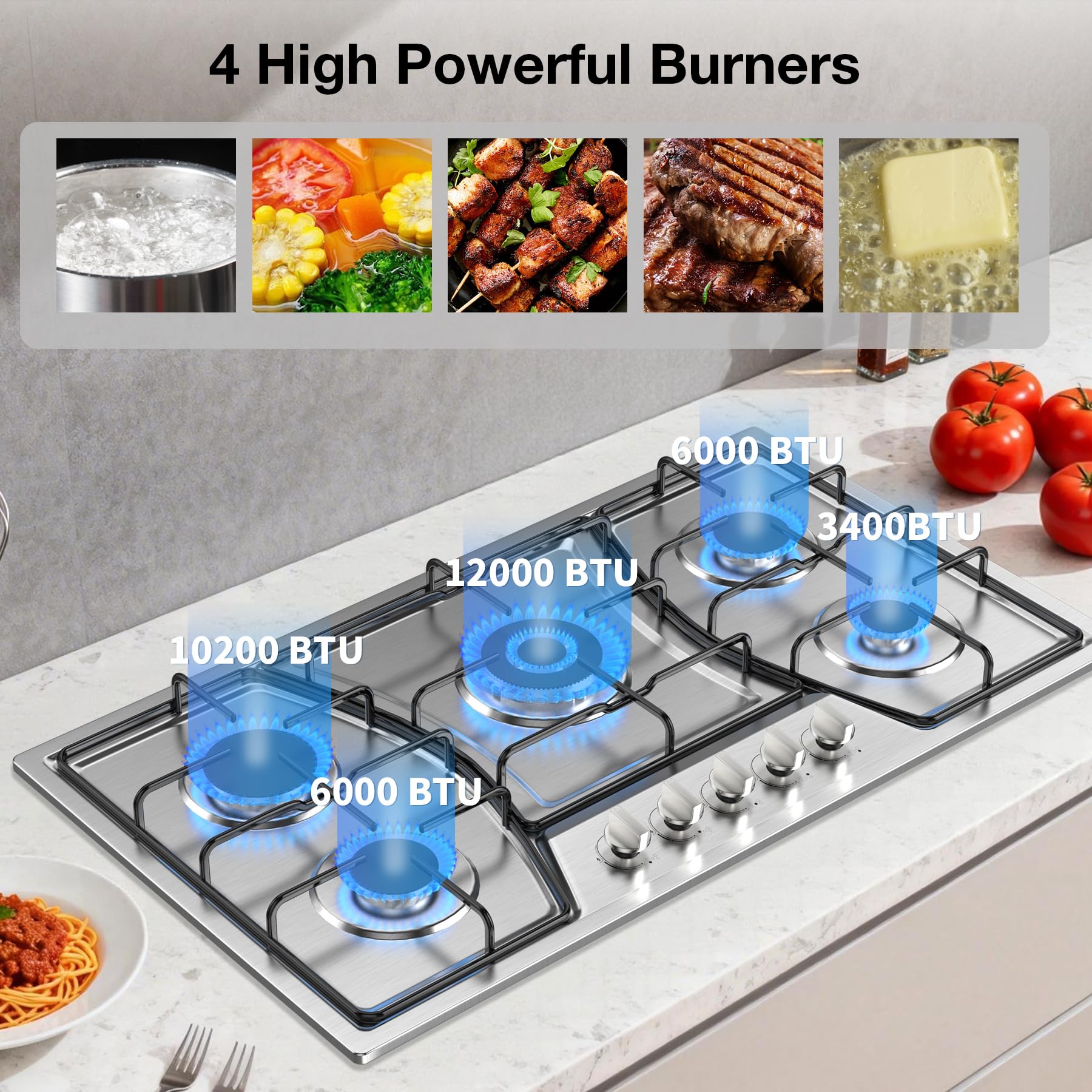 VBGK Gas Cooktop, Gas Stove Top with 5 High Efficiency Burners, Built-in Stainless Steel Propane Cooktop