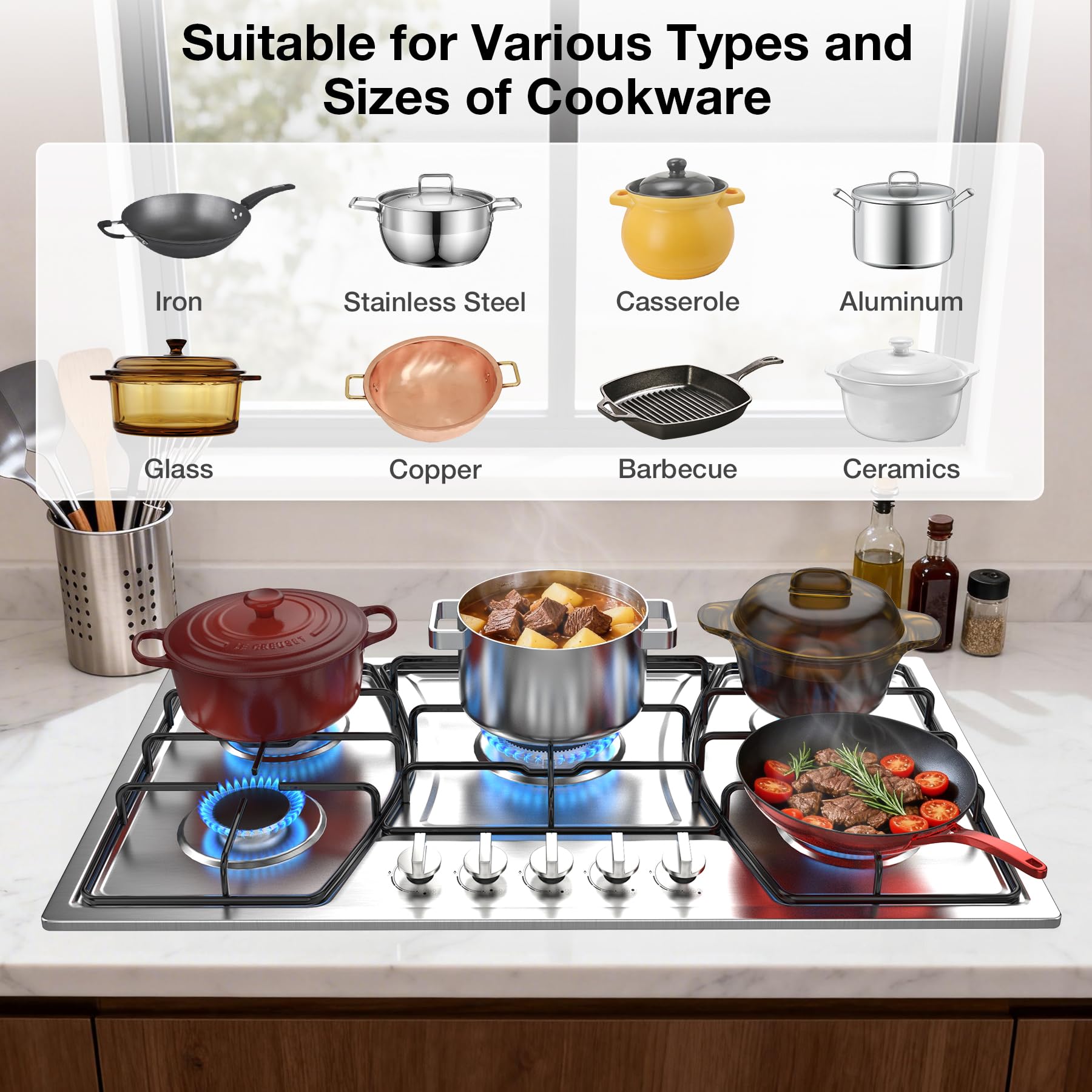 VBGK Gas Cooktop, Gas Stove Top with 5 High Efficiency Burners, Built-in Stainless Steel Propane Cooktop
