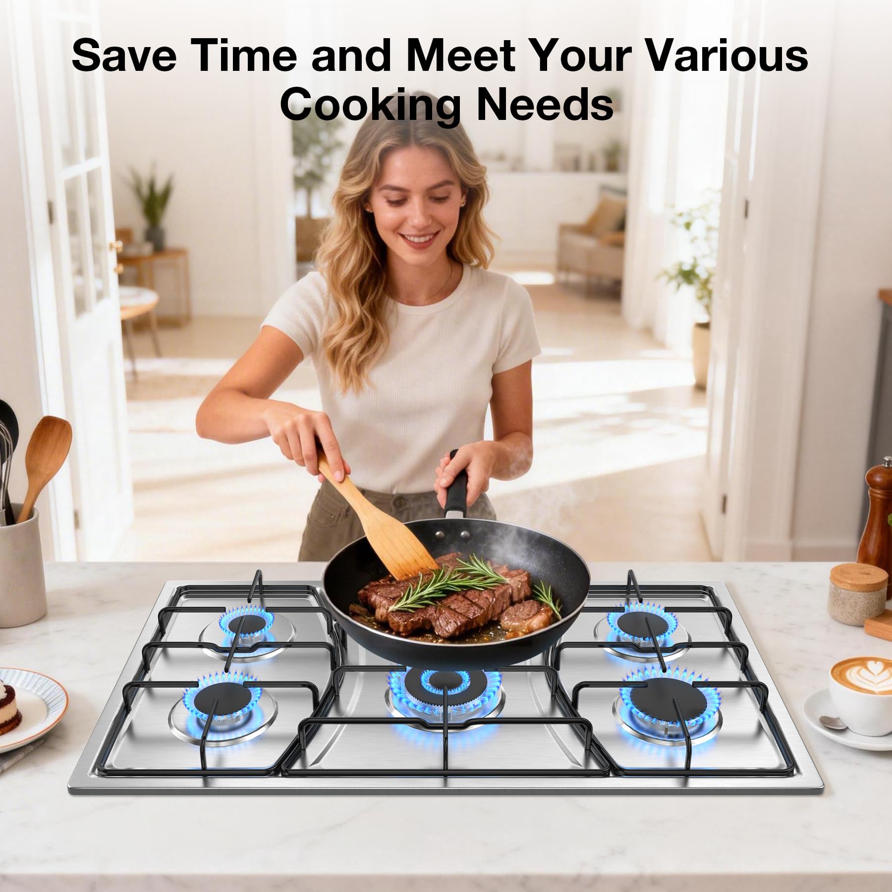 VBGK Gas Cooktop, Gas Stove Top with 5 High Efficiency Burners, Built-in Stainless Steel Propane Cooktop