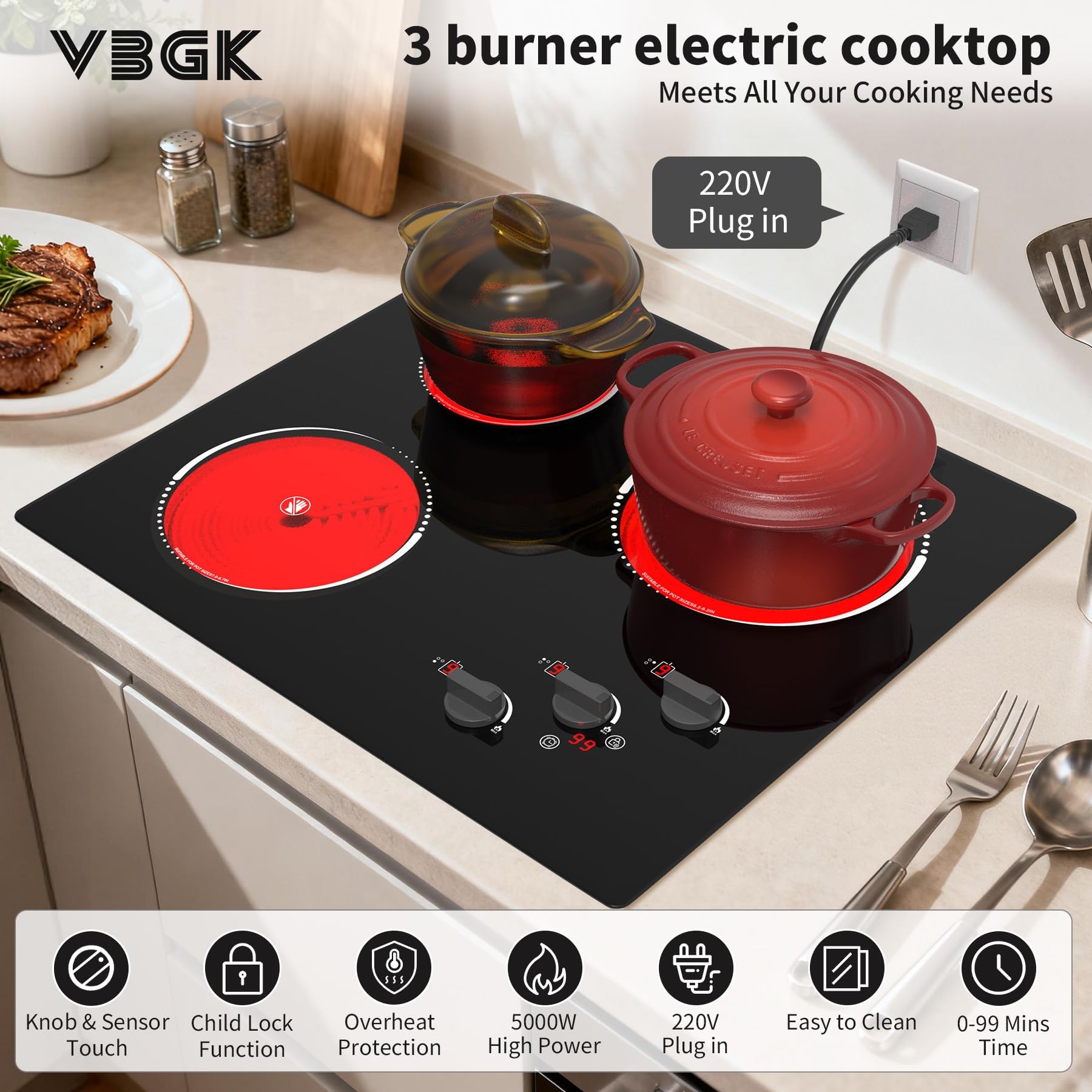 VBGK Electric Cooktop,24 inch 220V Electric Stove Top,500W 3 Burner Cooktop