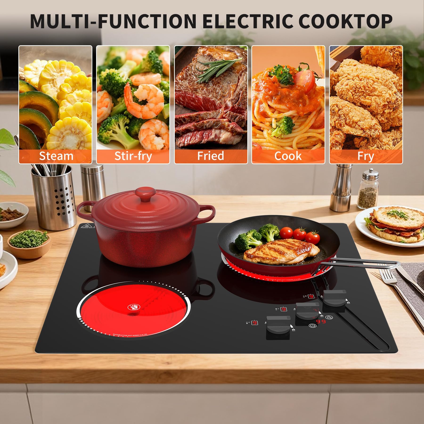 VBGK Electric Cooktop,24 inch 220V Electric Stove Top,500W 3 Burner Cooktop