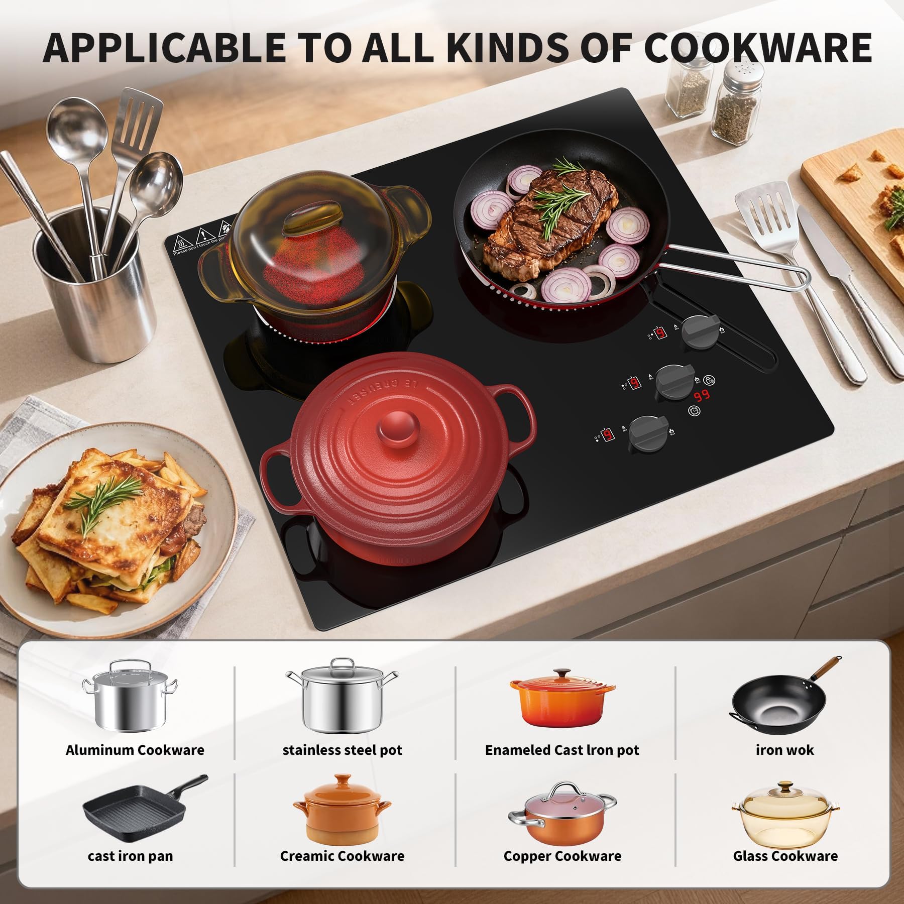 VBGK Electric Cooktop,24 inch 220V Electric Stove Top,500W 3 Burner Cooktop