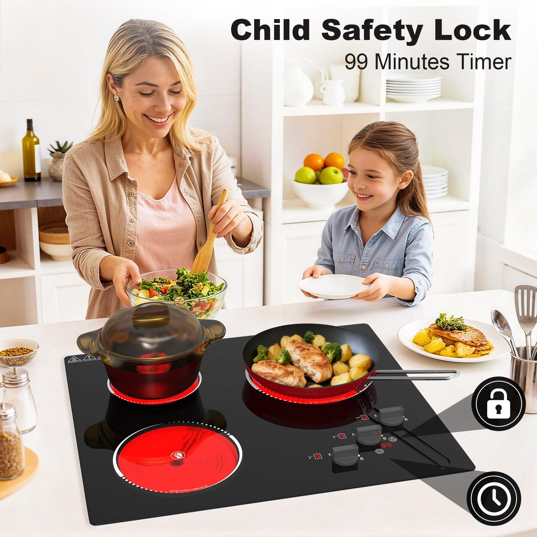 VBGK Electric Cooktop,24 inch 220V Electric Stove Top,500W 3 Burner Cooktop