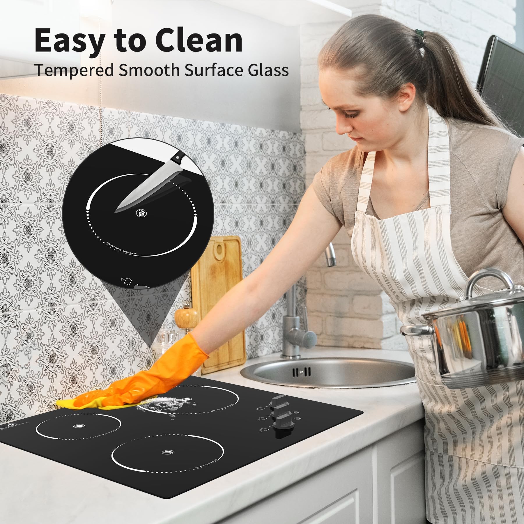 VBGK Electric Cooktop,24 inch 220V Electric Stove Top,500W 3 Burner Cooktop