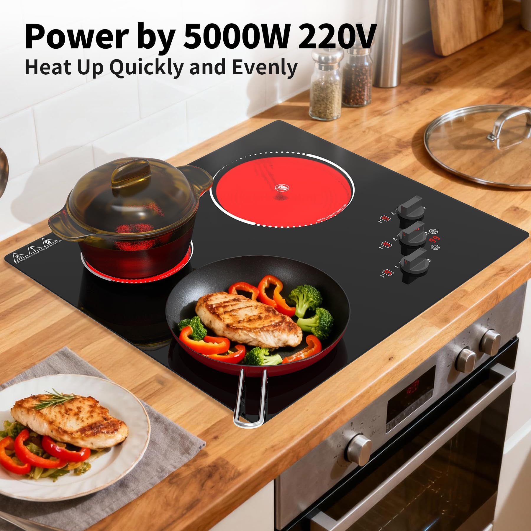 VBGK Electric Cooktop,24 inch 220V Electric Stove Top,500W 3 Burner Cooktop