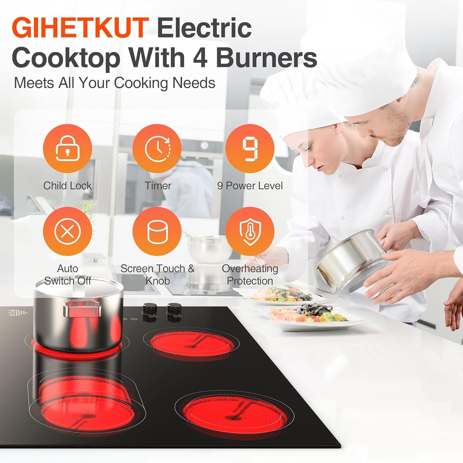 VBGK 4 Burner Electric Cooktop,7200W Built-in & Countertop tove top, 30 inch Electric Cooktop 220-240V (No Plug)