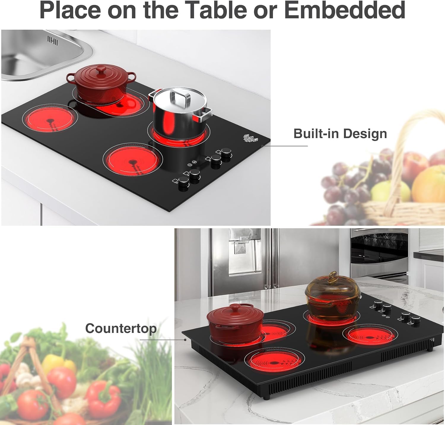 VBGK 4 Burner Electric Cooktop,7200W Built-in & Countertop tove top, 30 inch Electric Cooktop 220-240V (No Plug)