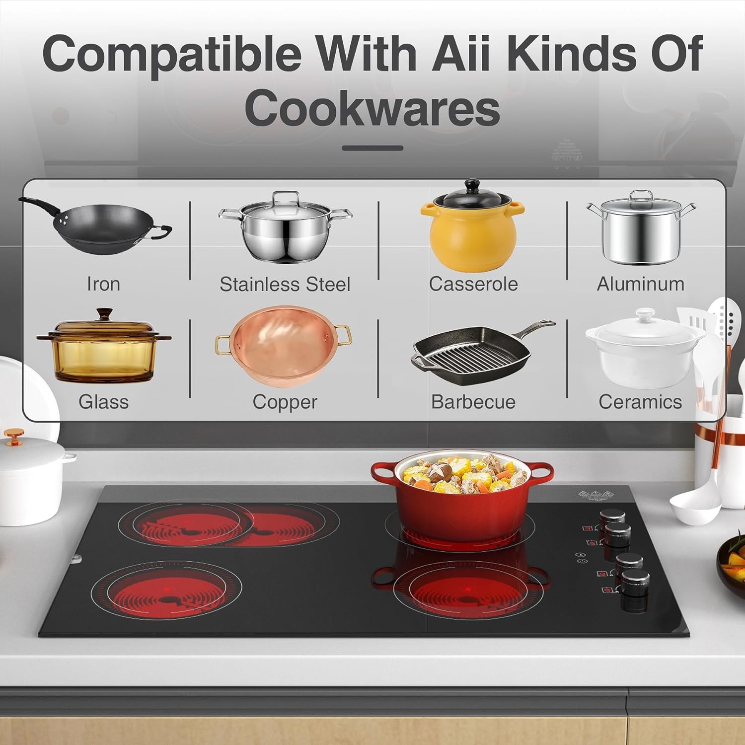VBGK 4 Burner Electric Cooktop,7200W Built-in & Countertop tove top, 30 inch Electric Cooktop 220-240V (No Plug)