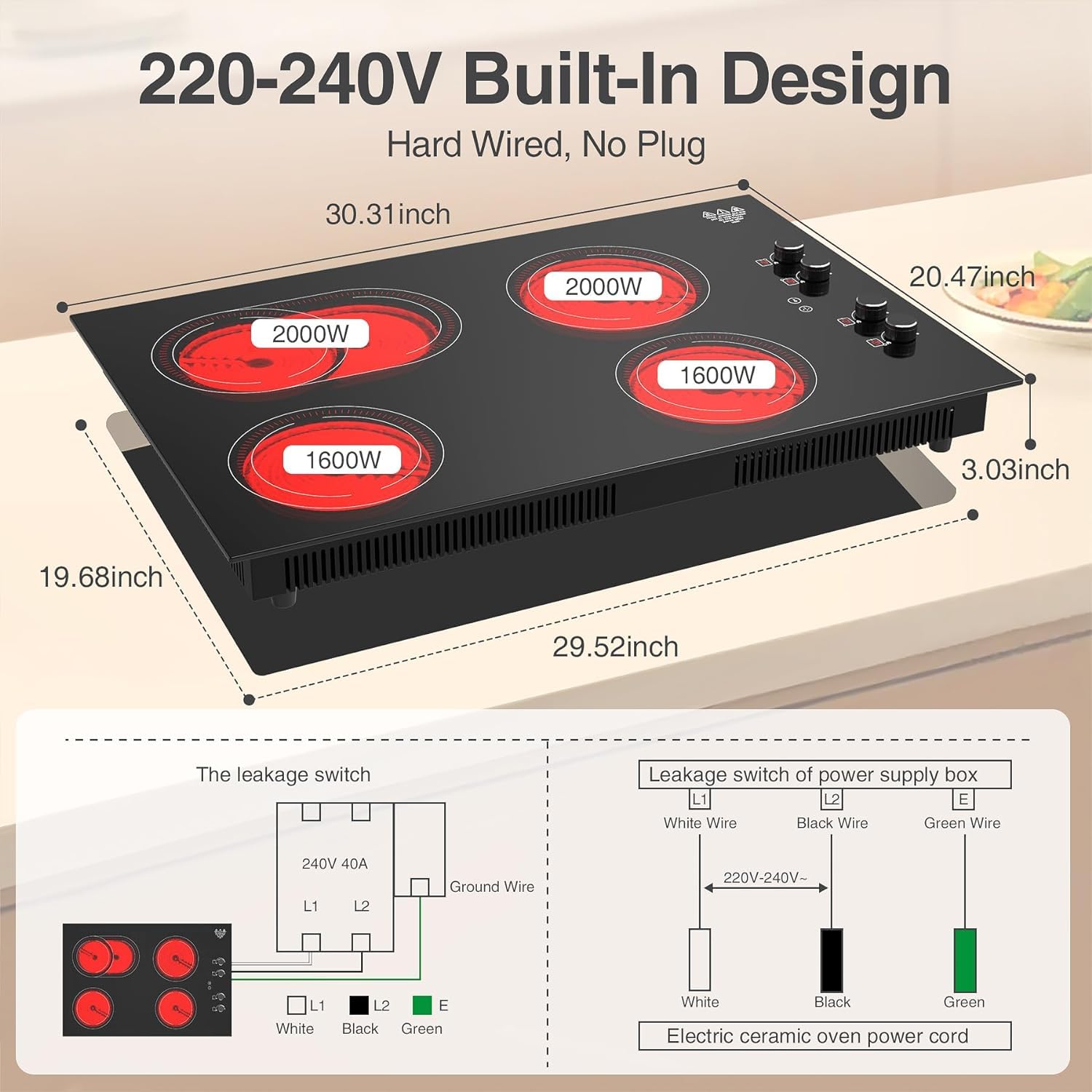 VBGK 4 Burner Electric Cooktop,7200W Built-in & Countertop tove top, 30 inch Electric Cooktop 220-240V (No Plug)