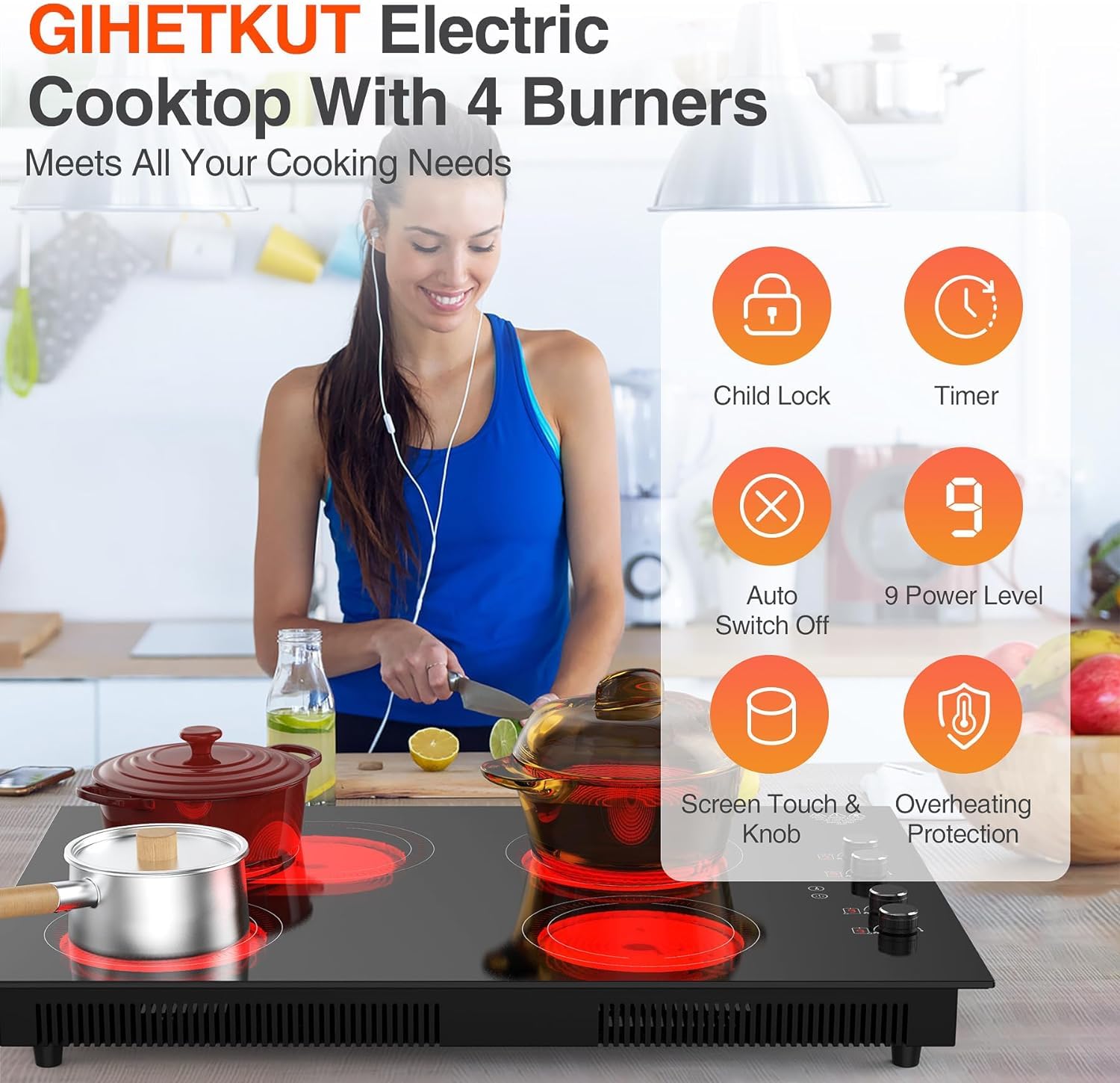 VBGK 4 Burner Electric Cooktop,7200W Built-in & Countertop tove top, 30 inch Electric Cooktop 220-240V (No Plug)