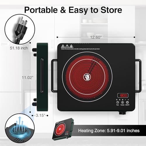 VBGK Single Burner Induction Cooktop 1800W, 12 Inch Portable Electric Stove with 9 Power Levels for Kitchen & RV Cooking