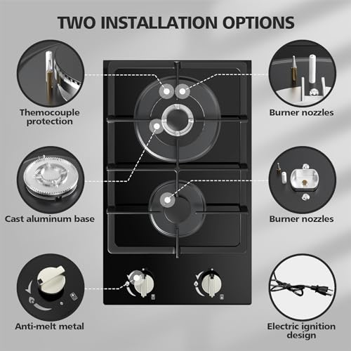 VBGK 2 Burner Gas Cooktop 12 Inch Stainless Steel Propane Stove Top for RV, Camper & Home Kitchen