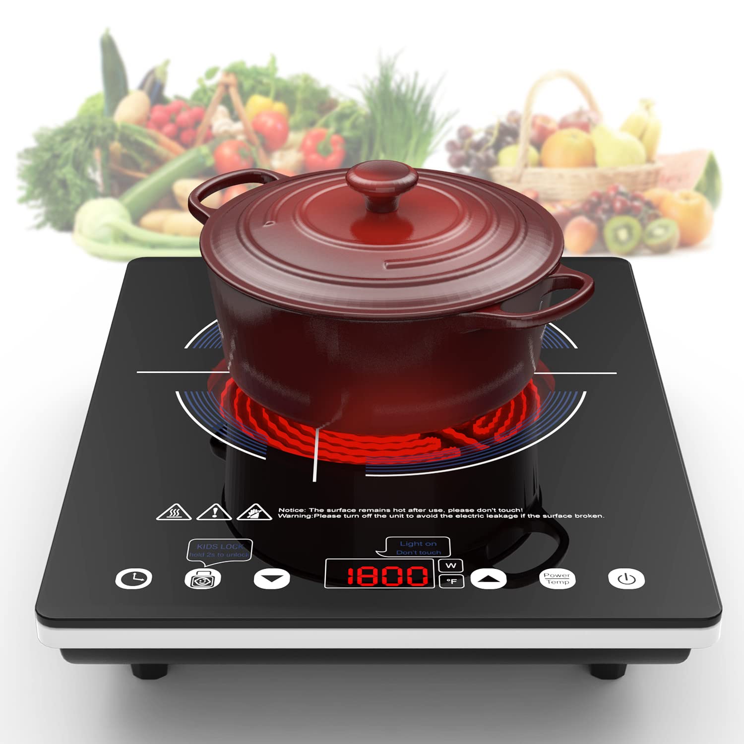 VBGK Electric Cooktop,110V Electric Stove Top,Single Burner LED Touch Control,1800W Portable Induction Cooktop