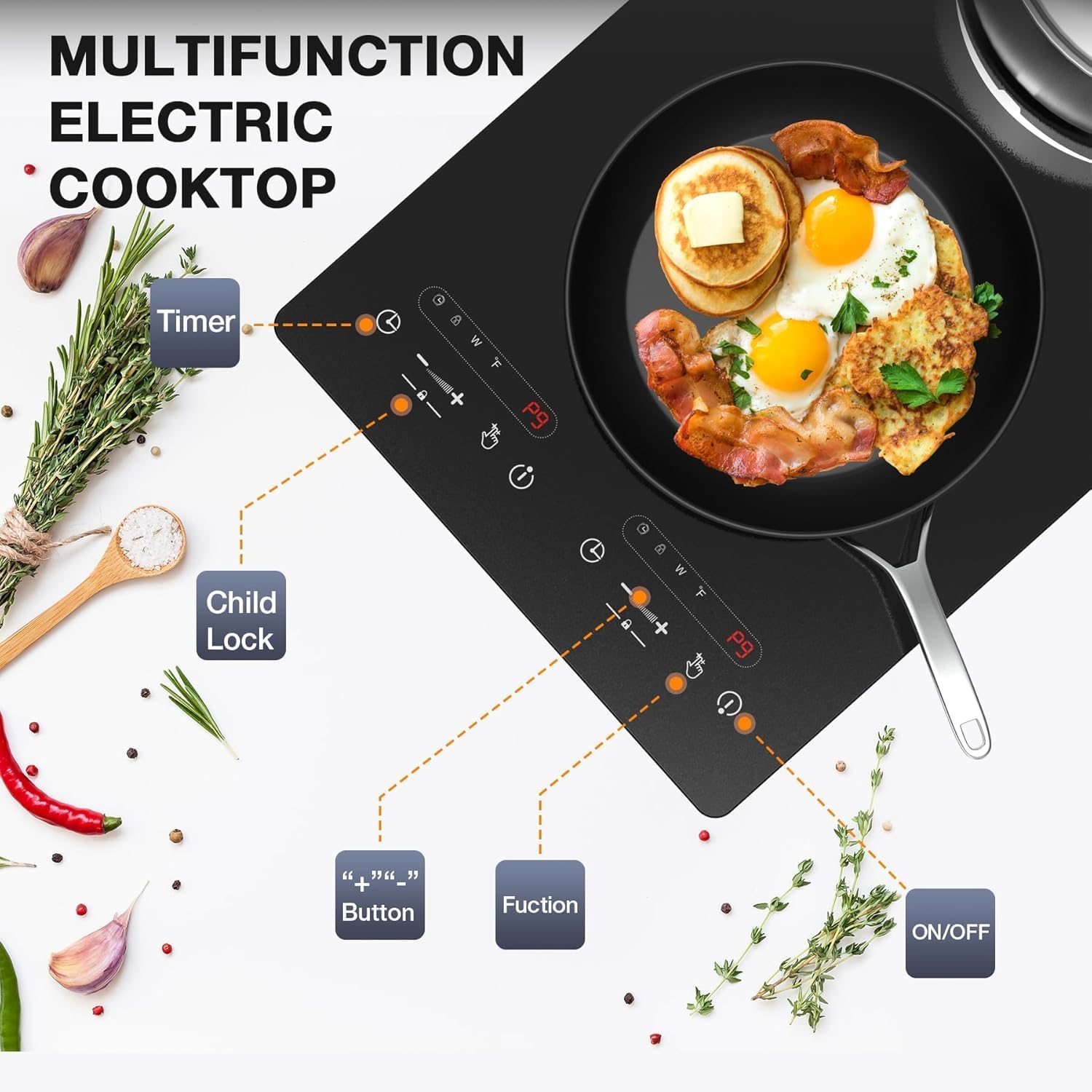 VBGK 2 Burner Electric Cooktop, 3000W Dual Burner Stove Top with Precise Heat Control for Kitchen, Apartment & RV