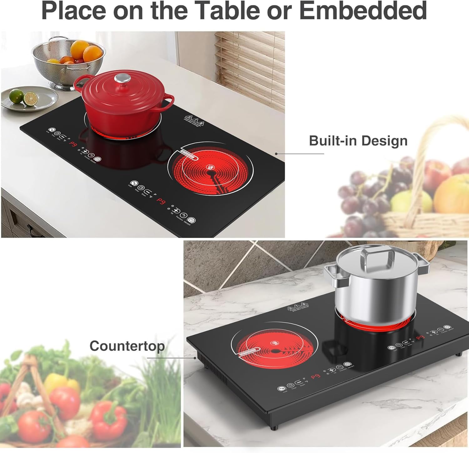 VBGK 2 Burner Electric Cooktop 110V 2400W, Touch Control Double Burner Electric Stove Top for Kitchen