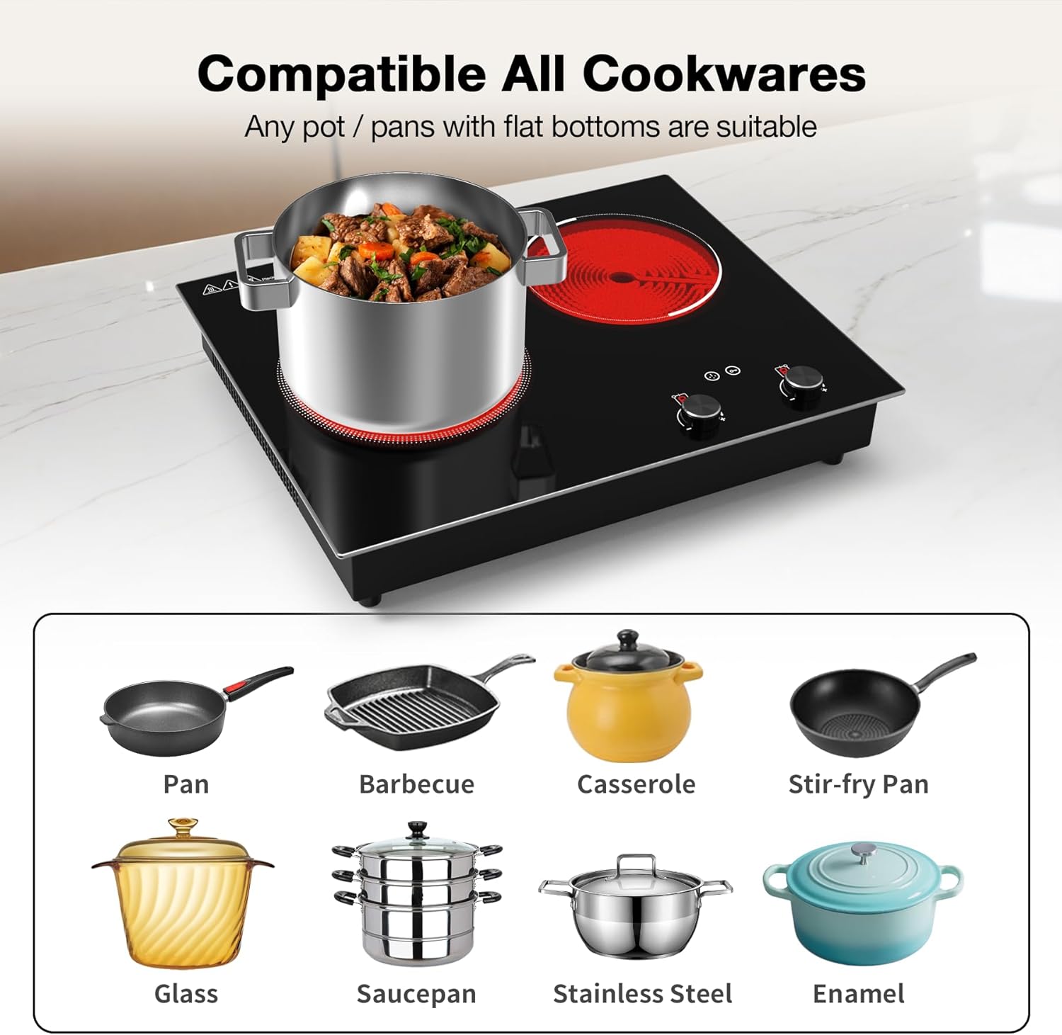 VBGK 2 Burner Electric Cooktop 2100W, Built-in & Countertop Double Burner Electric Stove Top for Kitchen