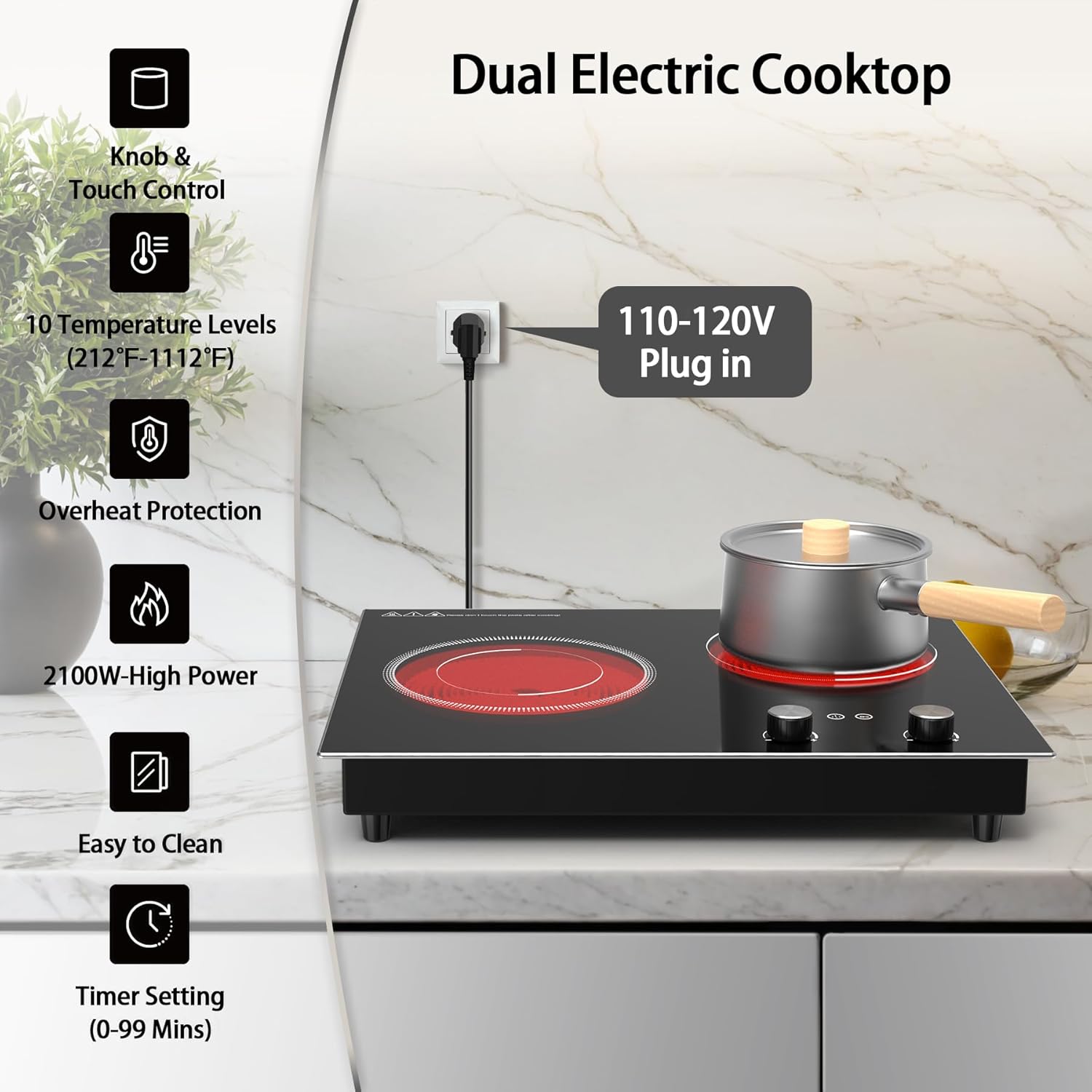 VBGK 2 Burner Electric Cooktop 2100W, Built-in & Countertop Double Burner Electric Stove Top for Kitchen