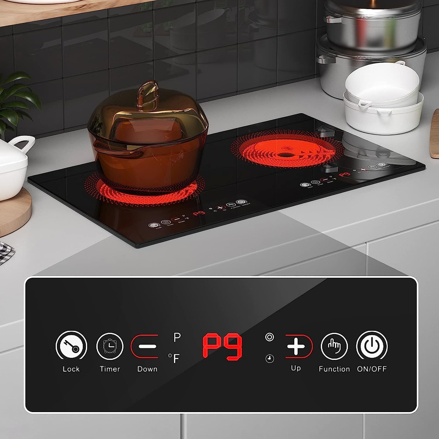 VBGK 24 Inch  Electric Ceramic Flat Cooktops Double Burner Infrared Stove Cooktop
