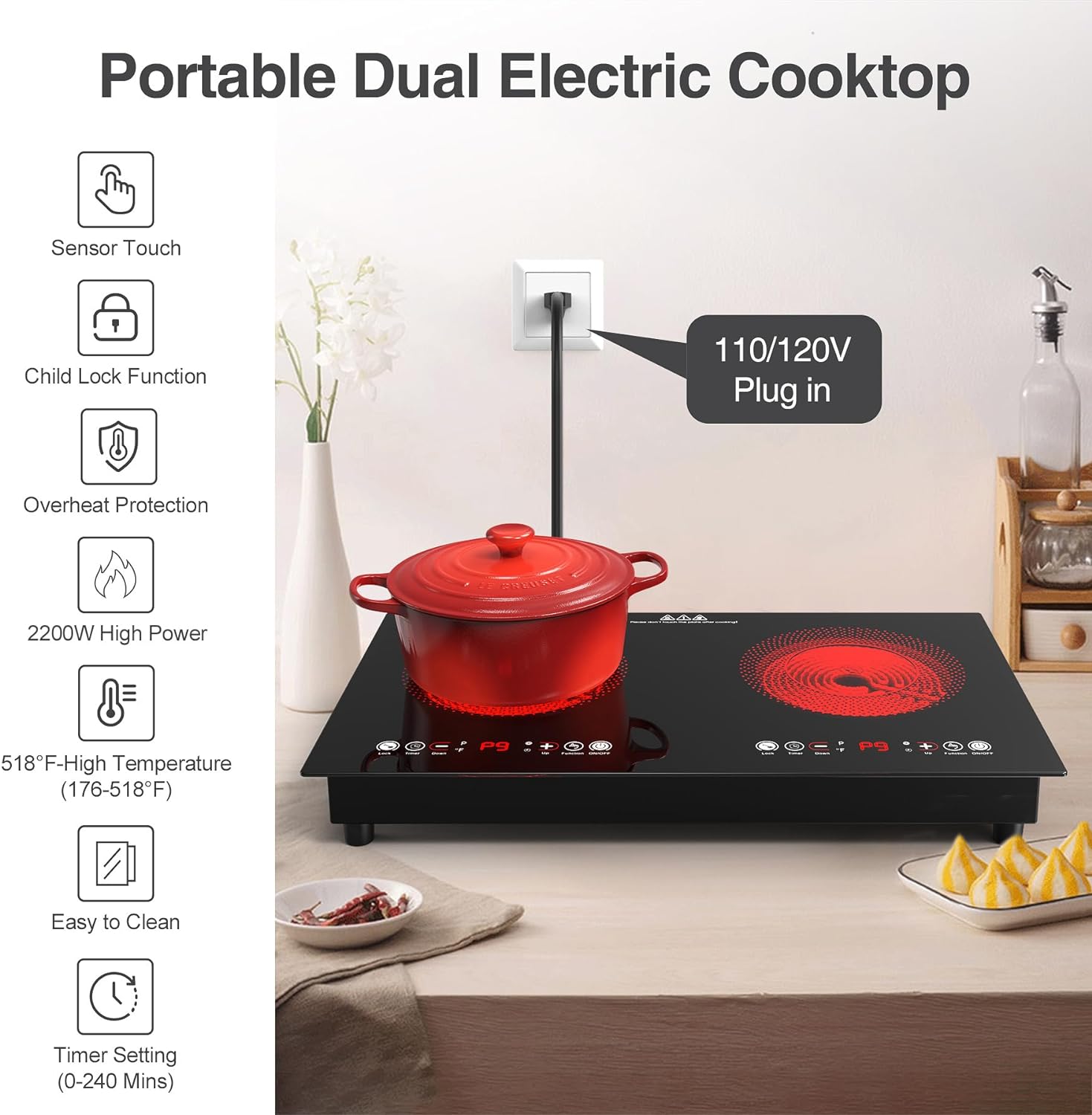 VBGK 24 Inch 2 Burner Electric Cooktop 2200W, Built-in & Countertop Ceramic Stove Top for Kitchen