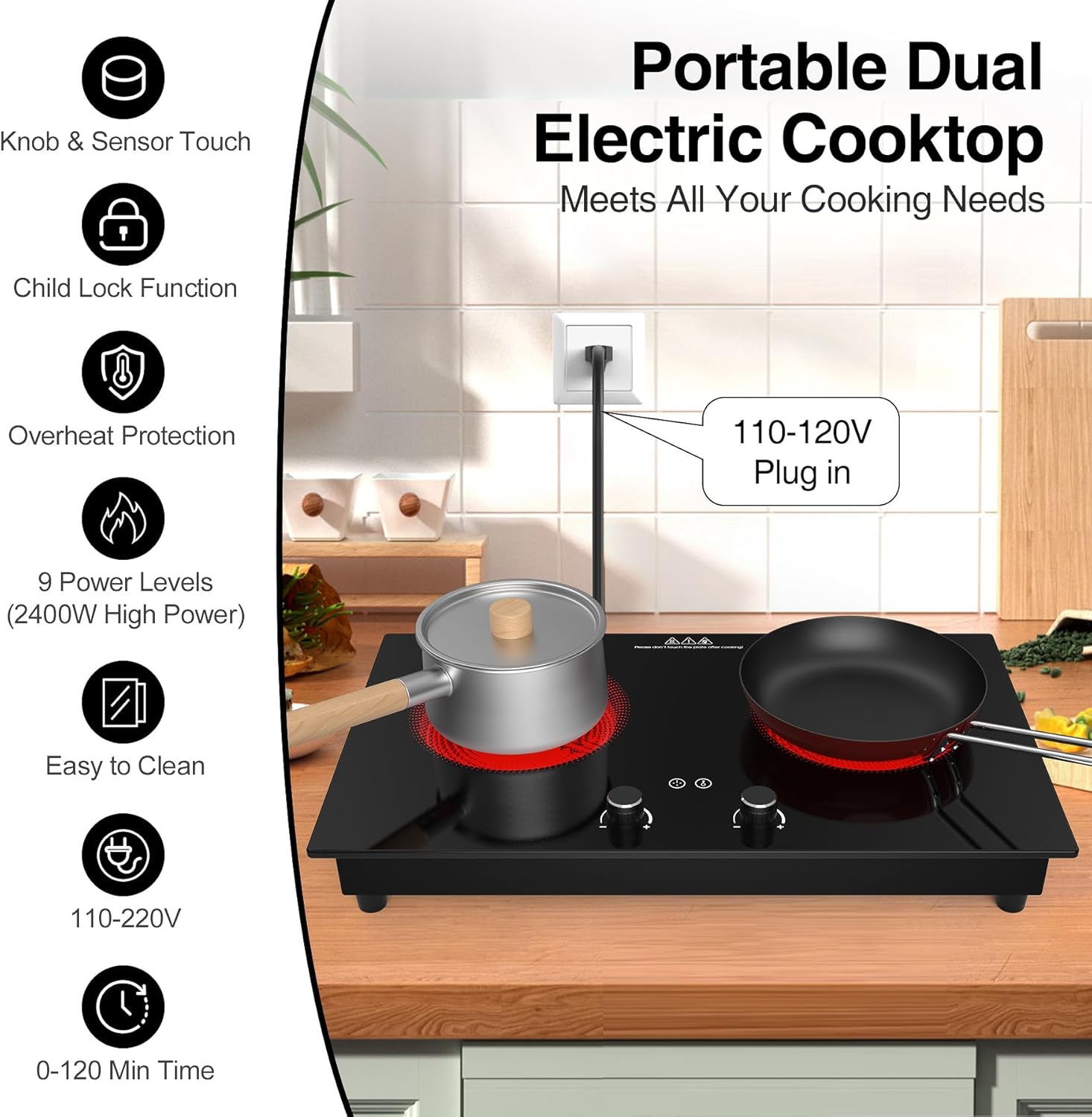VBGK 2 Burner Induction Cooktop 110V 2400W, Double Electric Stove Top for Kitchen & RV Cooking