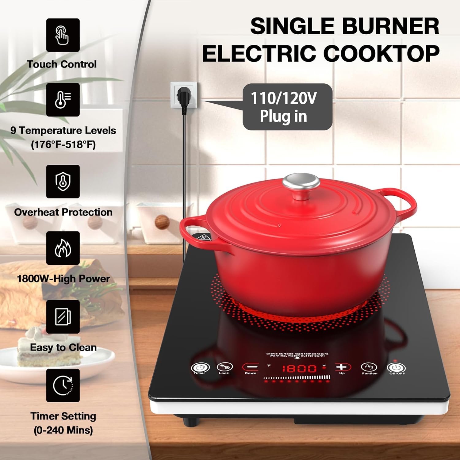 VBGK 14 Inch Single Burner Electric Cooktop 110V 1800W, Portable Electric Stove Top for Kitchen & RV Cooking