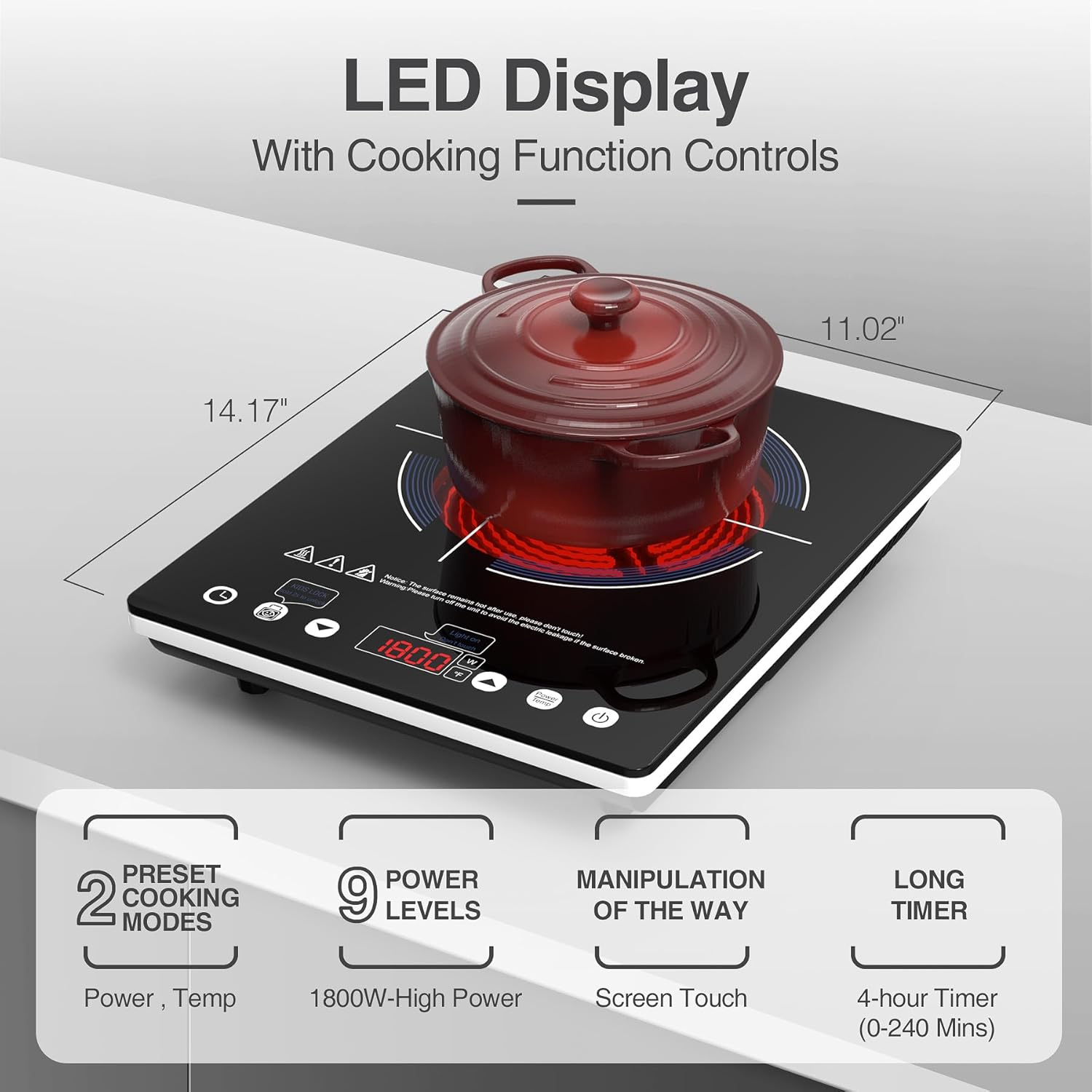 VBGK Electric Cooktop,110V Electric Stove Top,Single Burner LED Touch Control,1800W Portable Induction Cooktop