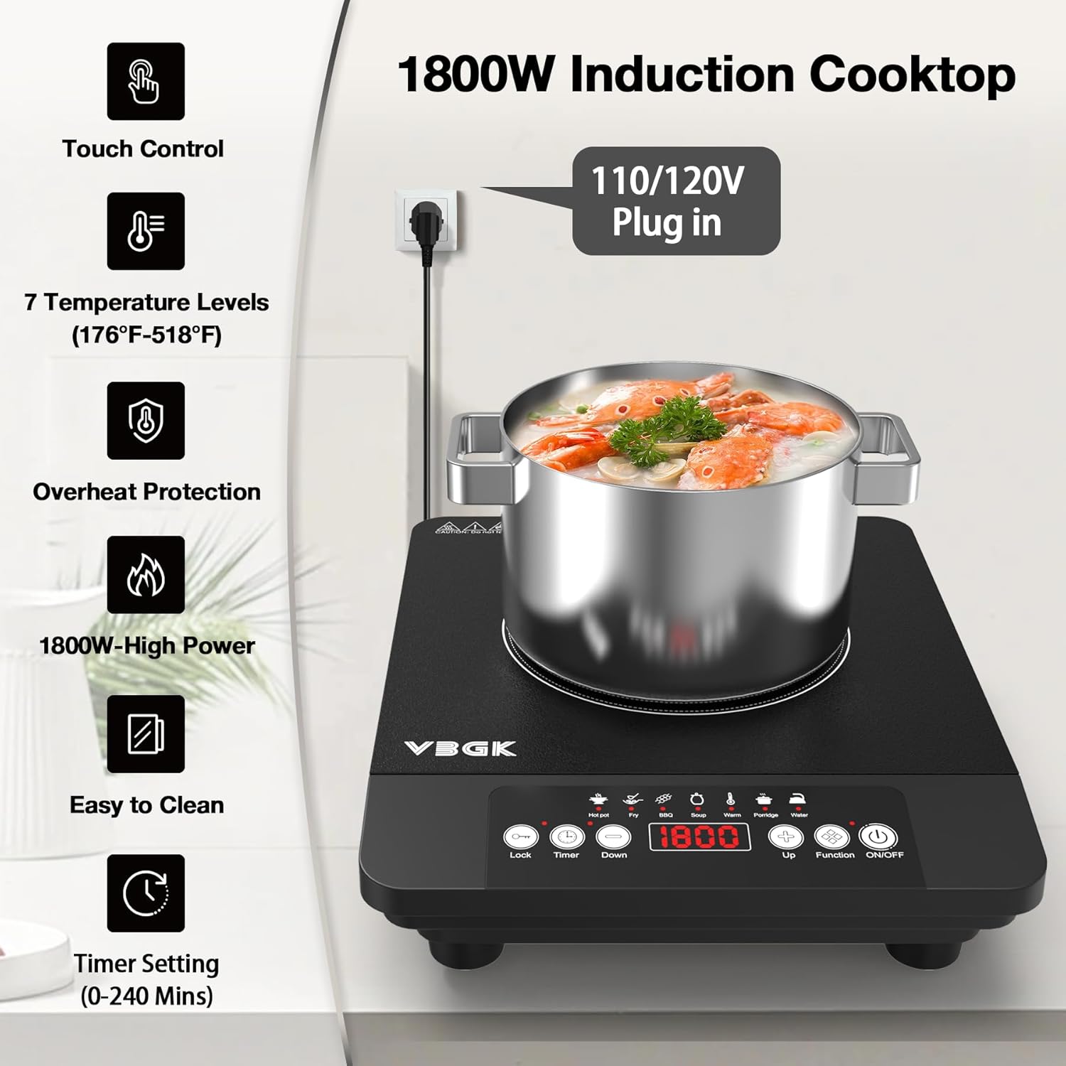 VBGK Single Burner Induction Cooktop 110V 1800W, Portable Electric Stove Top for Kitchen & RV Cooking