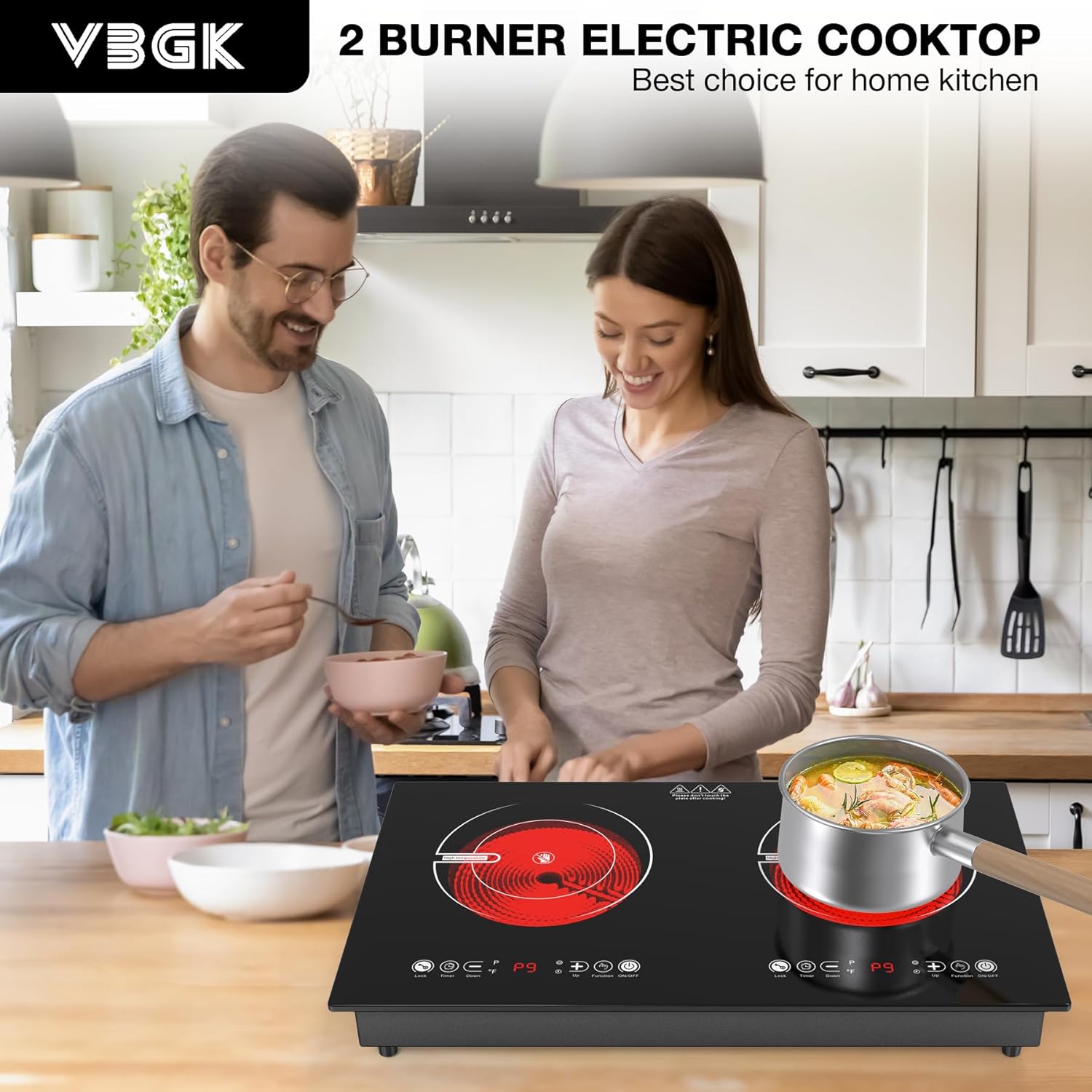 VBGK 2 Burner Electric Cooktop 110V 2400W, Touch Control Double Burner Electric Stove Top for Kitchen