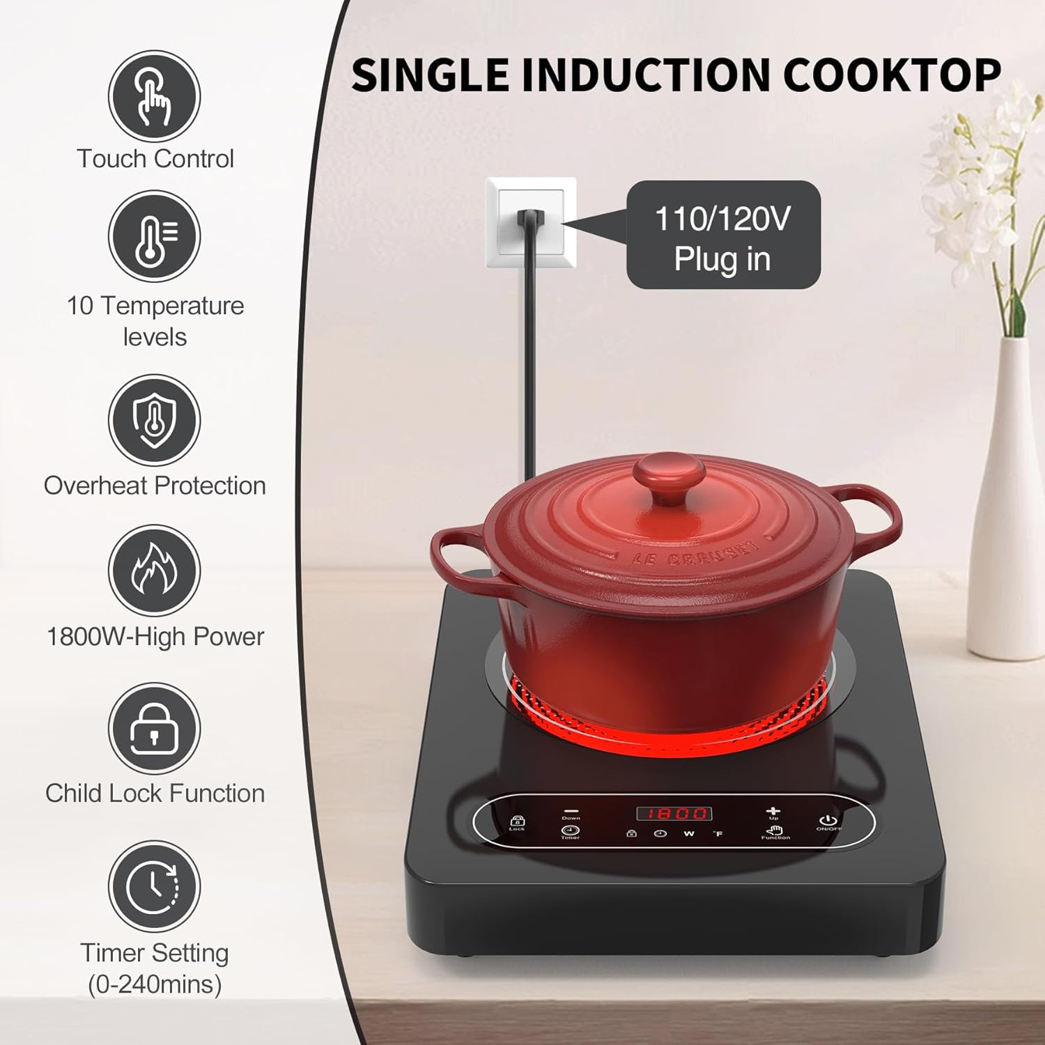 VBGK Single Burner Electric Cooktop 110V 1800W, Portable Electric Stove Top for Kitchen & RV Cooking