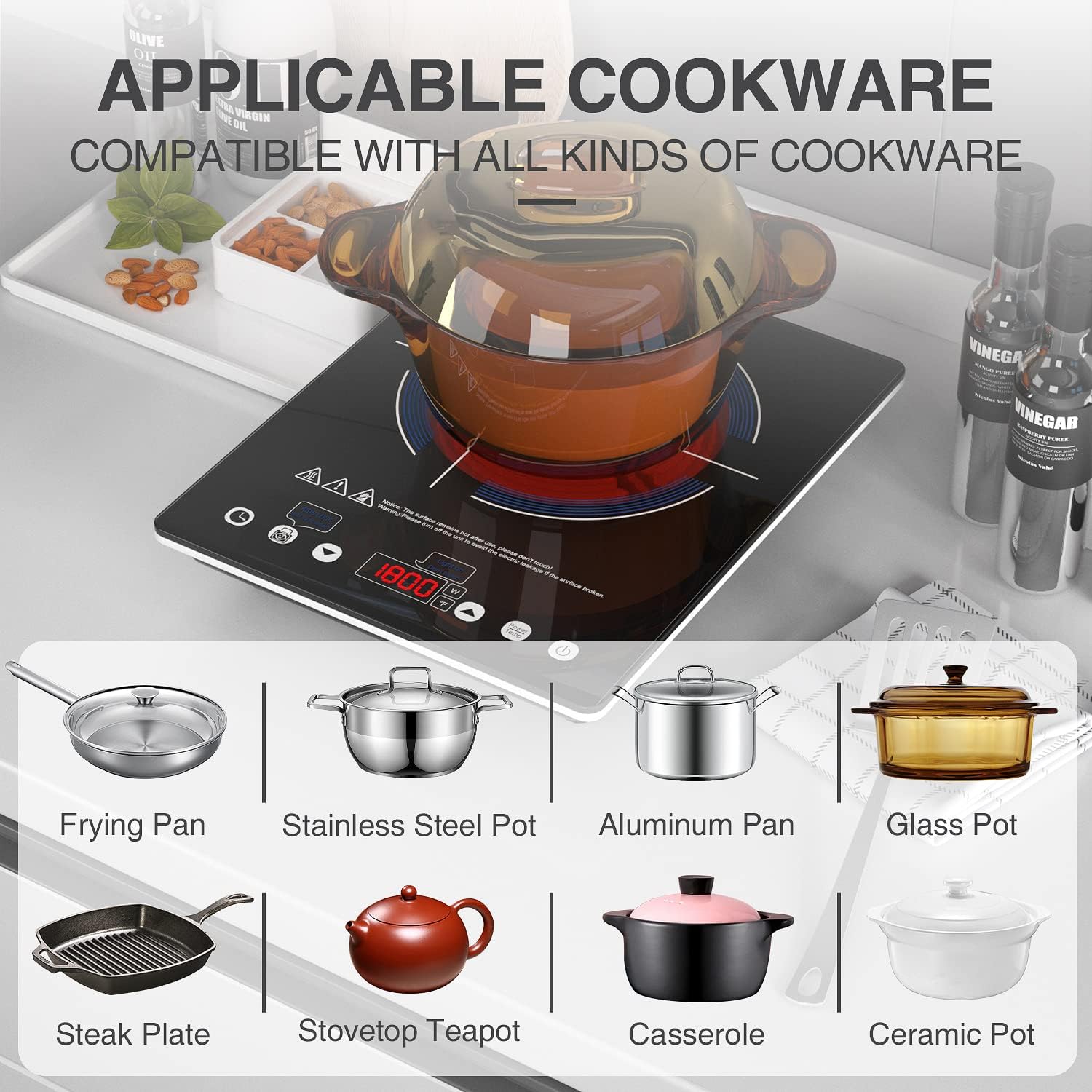 VBGK Electric Cooktop,110V Electric Stove Top,Single Burner LED Touch Control,1800W Portable Induction Cooktop