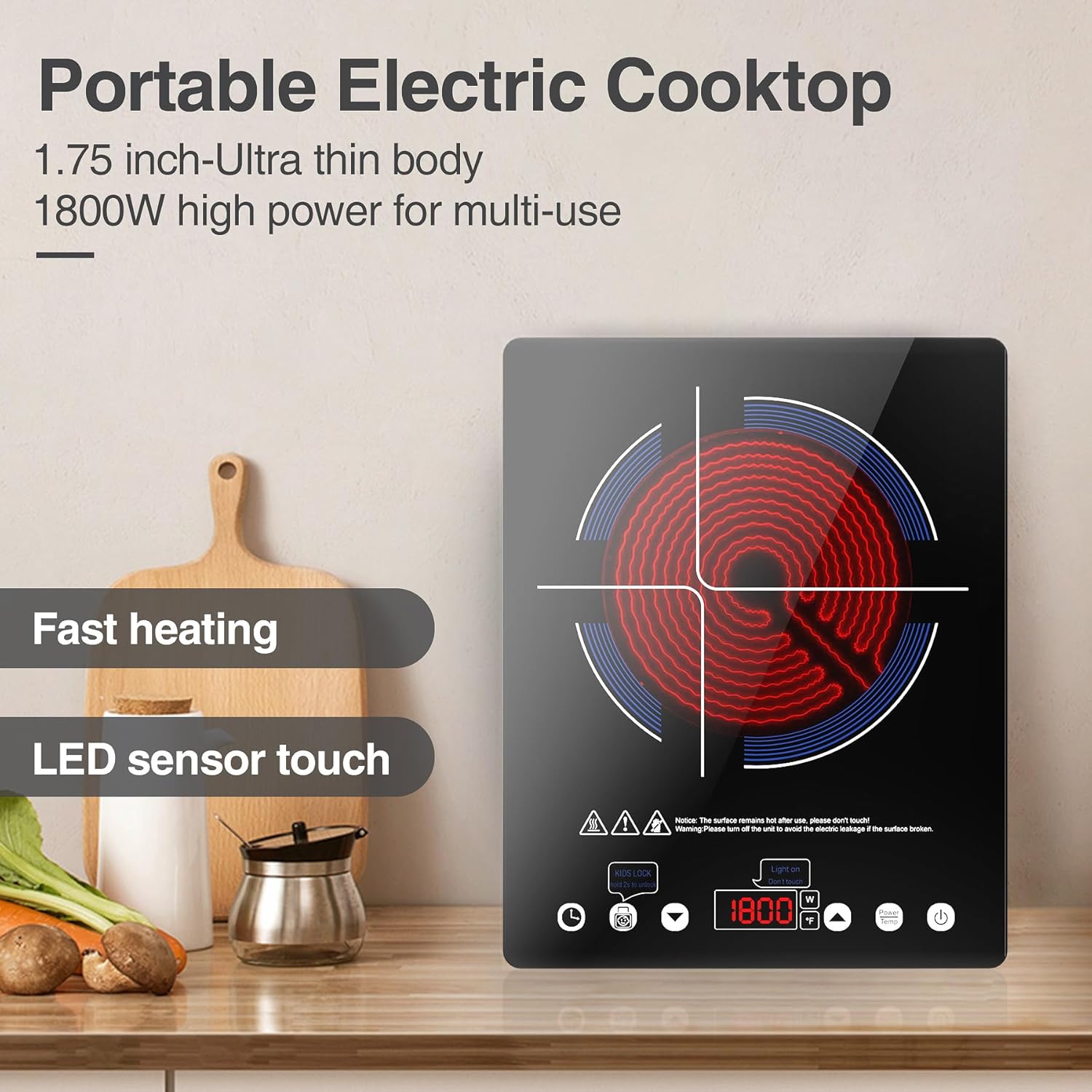 VBGK Electric Cooktop,110V Electric Stove Top,Single Burner LED Touch Control,1800W Portable Induction Cooktop