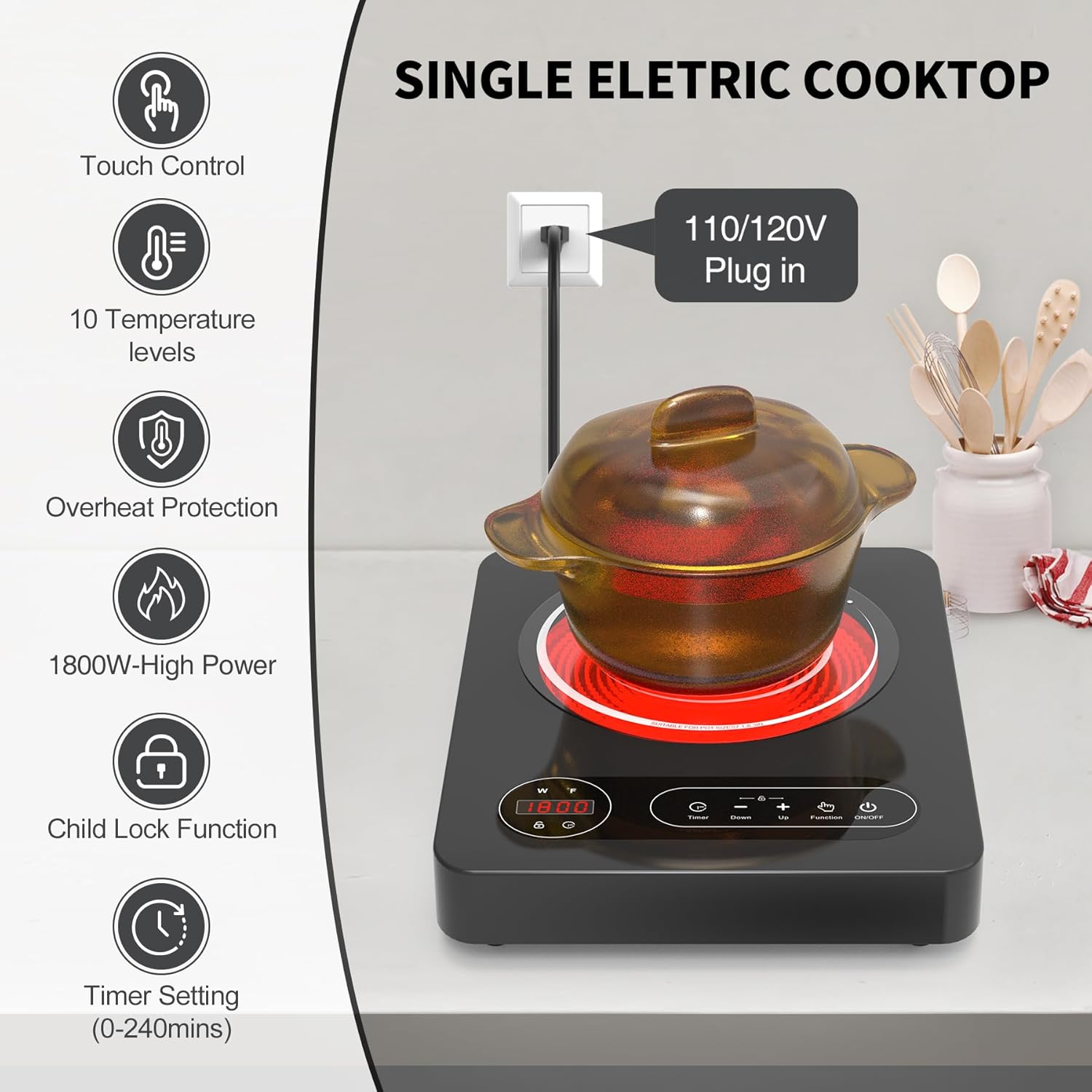 VBGK 11 Inch Single Burner Electric Cooktop 110V 1800W, Portable Electric Stove Top for Kitchen & RV Cooking