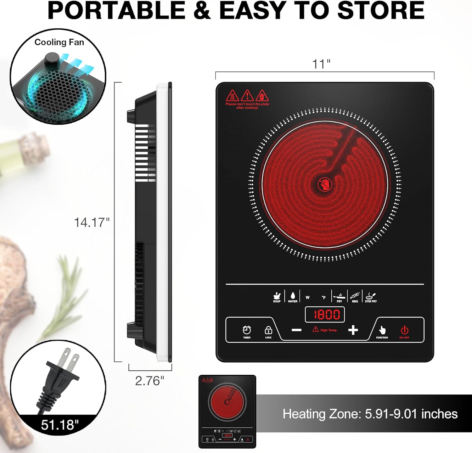 VBGK Single Burner Electric Cooktop 1800W, Portable Electric Stove Top for Kitchen & RV Cooking