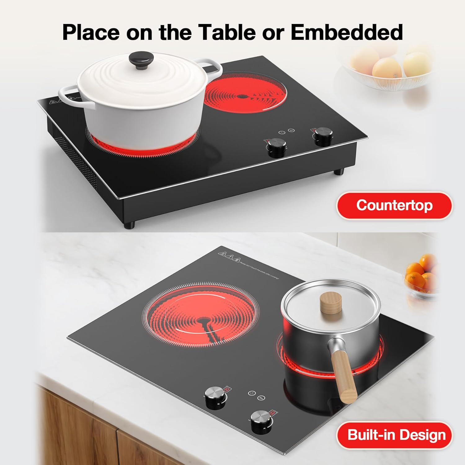 VBGK 2 Burner Electric Cooktop 2100W, Built-in & Countertop Double Burner Electric Stove Top for Kitchen