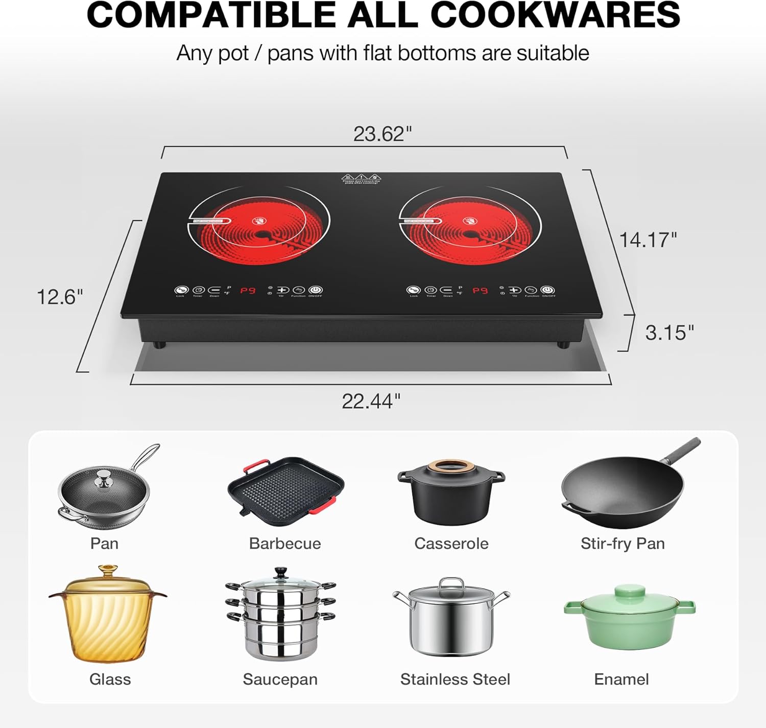 VBGK 2 Burner Electric Cooktop 110V 2400W, Touch Control Double Burner Electric Stove Top for Kitchen