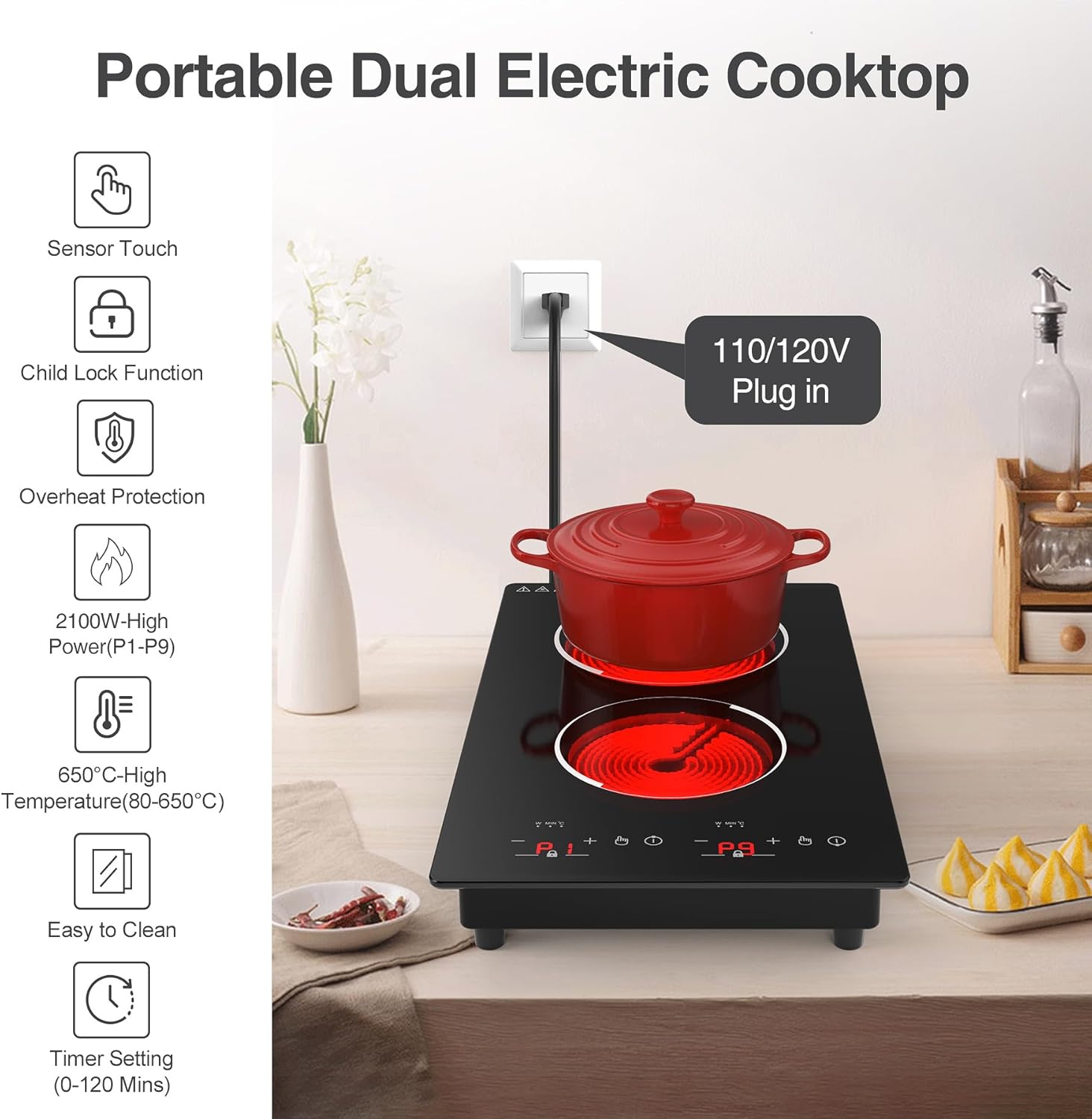 VBGK 12 Inch 2 Burner Electric Cooktop 110V 2100W, Built-in Radiant Stove Top for Kitchen & RV