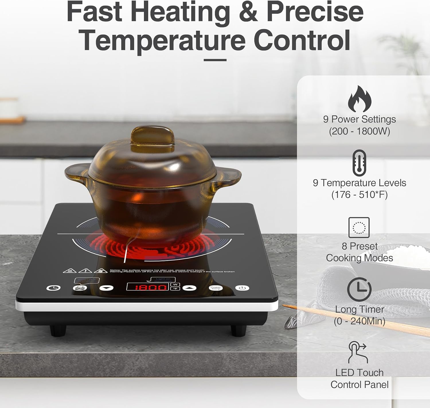 VBGK Electric Cooktop,110V Electric Stove Top,Single Burner LED Touch Control,1800W Portable Induction Cooktop