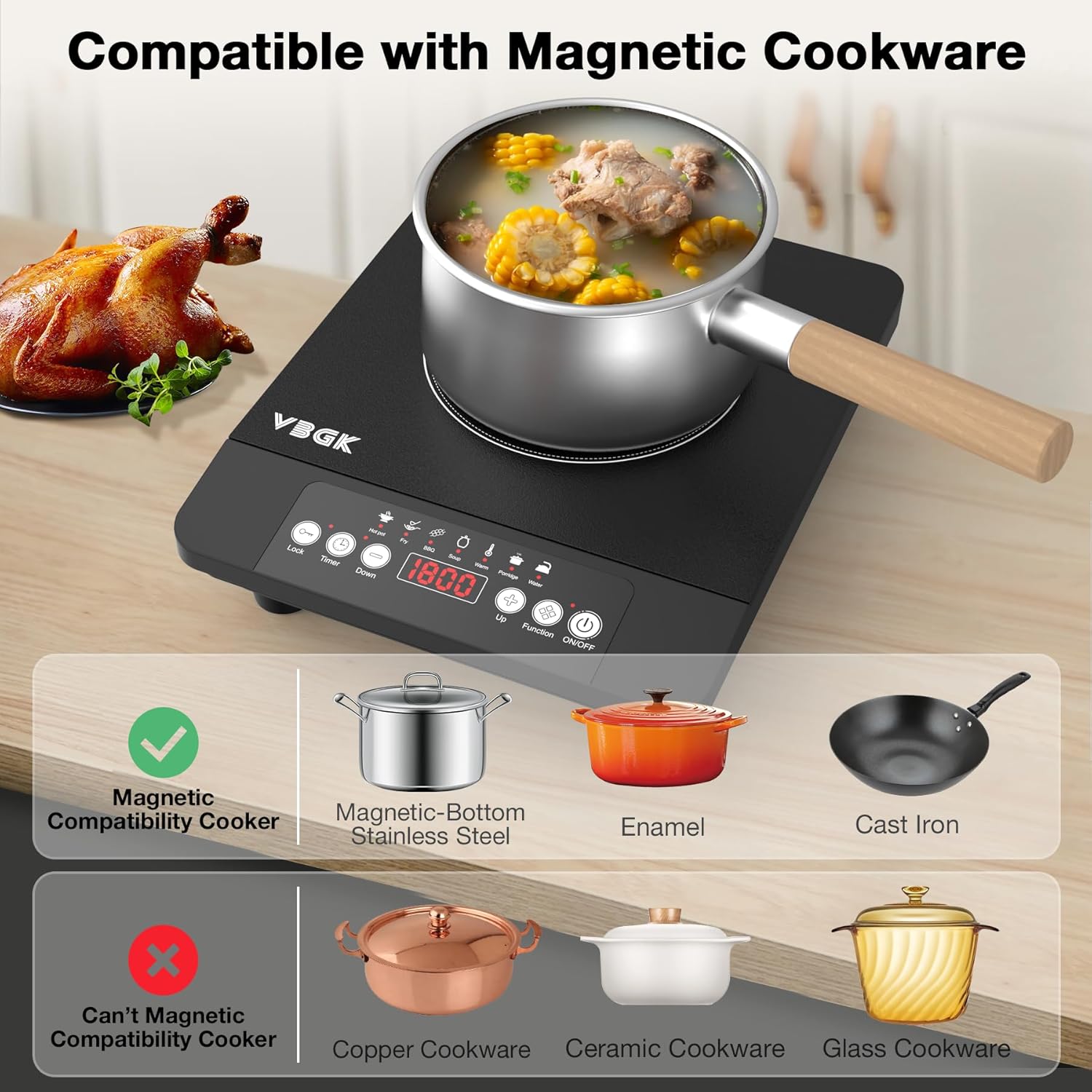 VBGK Single Burner Induction Cooktop 110V 1800W, Portable Electric Stove Top for Kitchen & RV Cooking