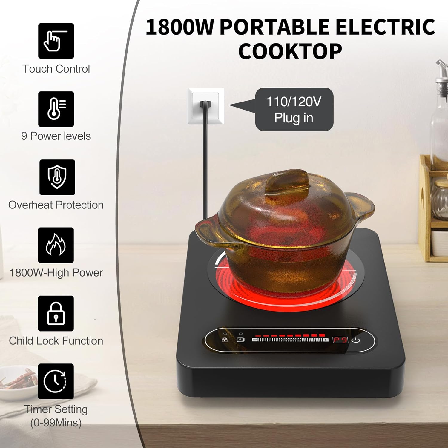 VBGK Single Burner Electric Cooktop 1800W, 120V Portable Electric Stove Top for Kitchen & RV Cooking