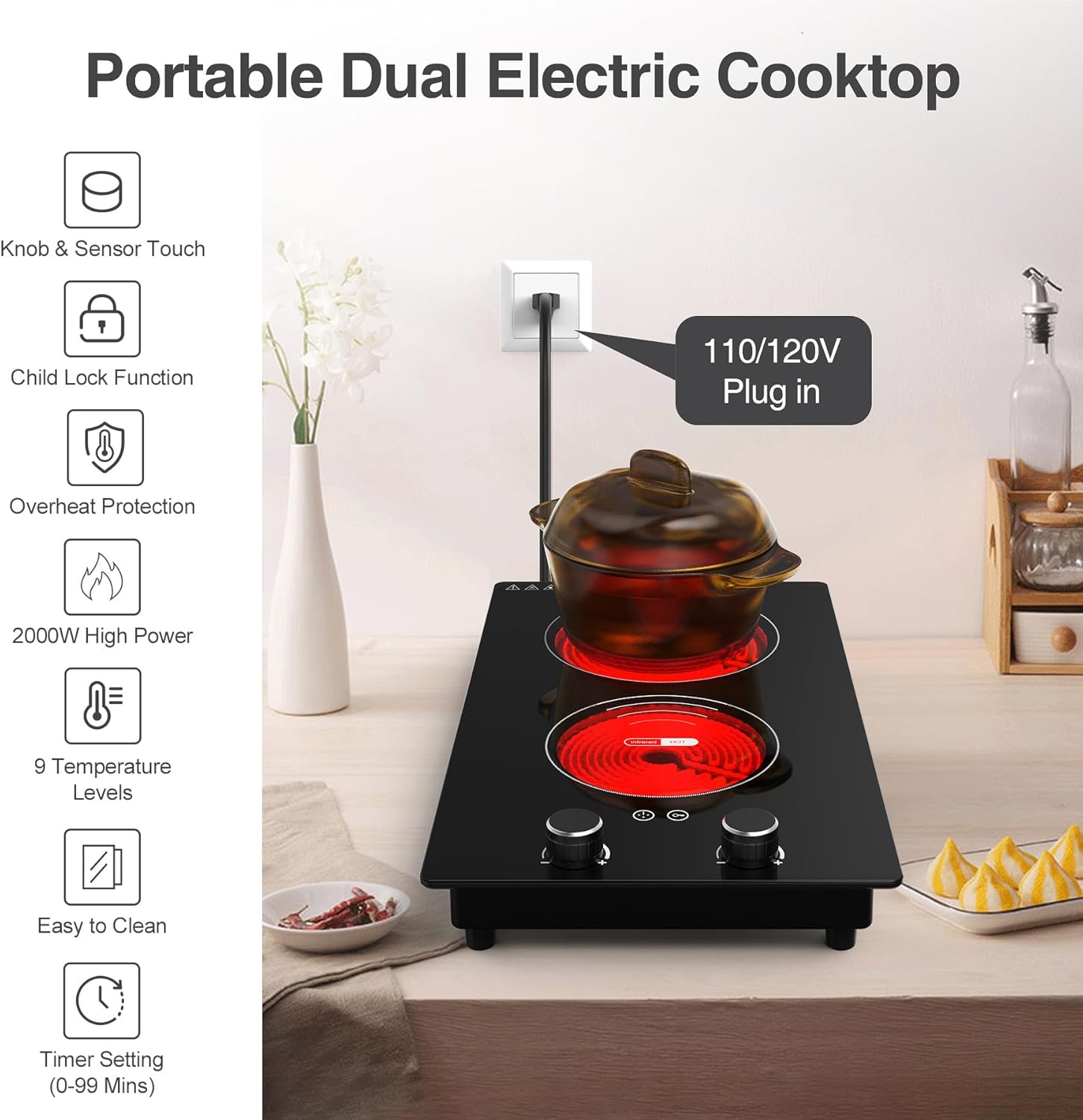 VBGK Double Burner Electric Cooktop 24 Inch 110V 2400W, Countertop 2 Burner Electric Stove Top for Kitchen & RV Cooking