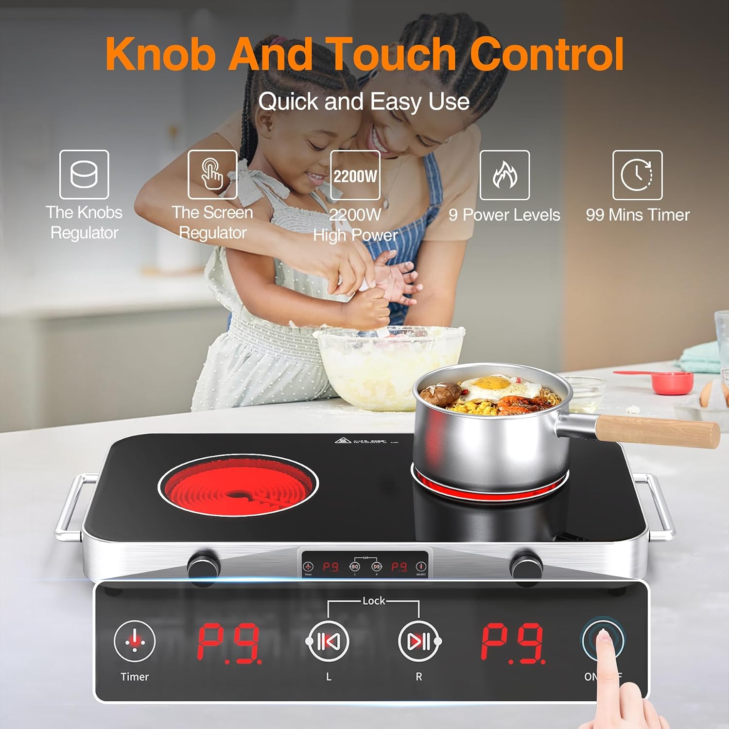 VBGK 12 Inch 2 Burner Portable Electric Cooktop 2200W Infrared Cooker with Dual Heating Zones for Kitchen, RV & Apartment