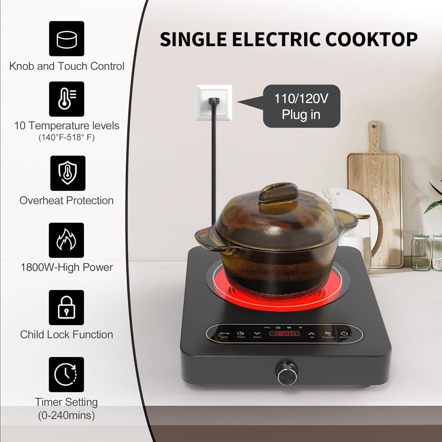 VBGK Single Burner Electric Cooktop 110V 1800W, Portable Electric Stove Top for RV Cooking