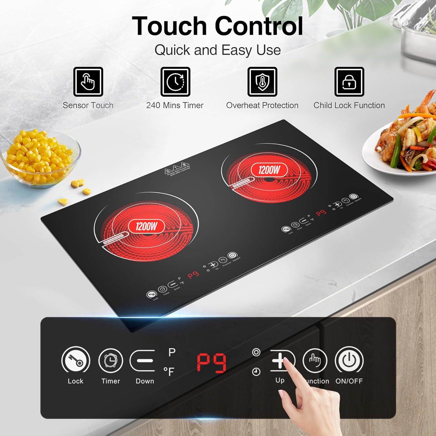 VBGK 2 Burner Electric Cooktop 110V 2400W, Touch Control Double Burner Electric Stove Top for Kitchen