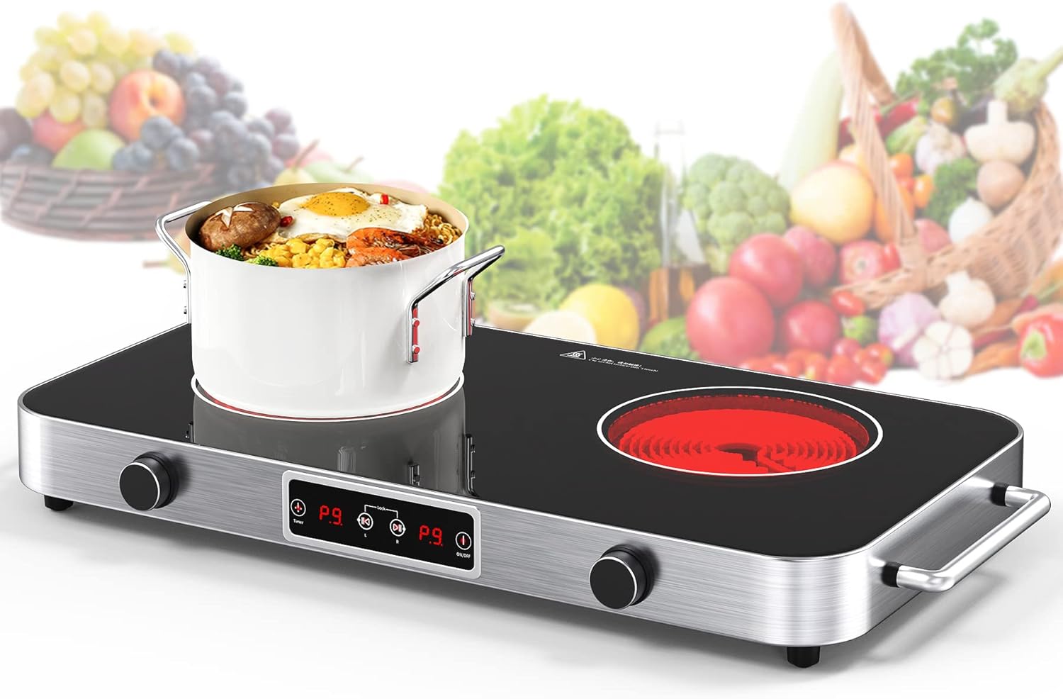 VBGK 12 Inch 2 Burner Portable Electric Cooktop 2200W Infrared Cooker with Dual Heating Zones for Kitchen, RV & Apartment