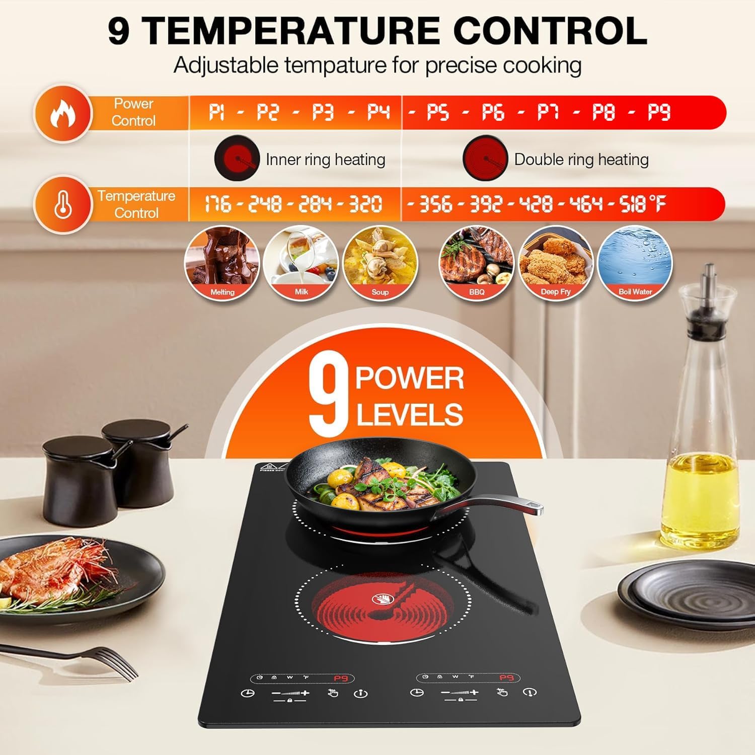 VBGK 2 Burner Electric Cooktop, 3000W Dual Burner Stove Top with Precise Heat Control for Kitchen, Apartment & RV