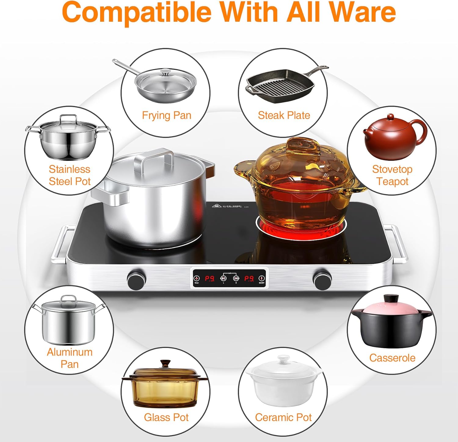 VBGK 12 Inch 2 Burner Portable Electric Cooktop 2200W Infrared Cooker with Dual Heating Zones for Kitchen, RV & Apartment